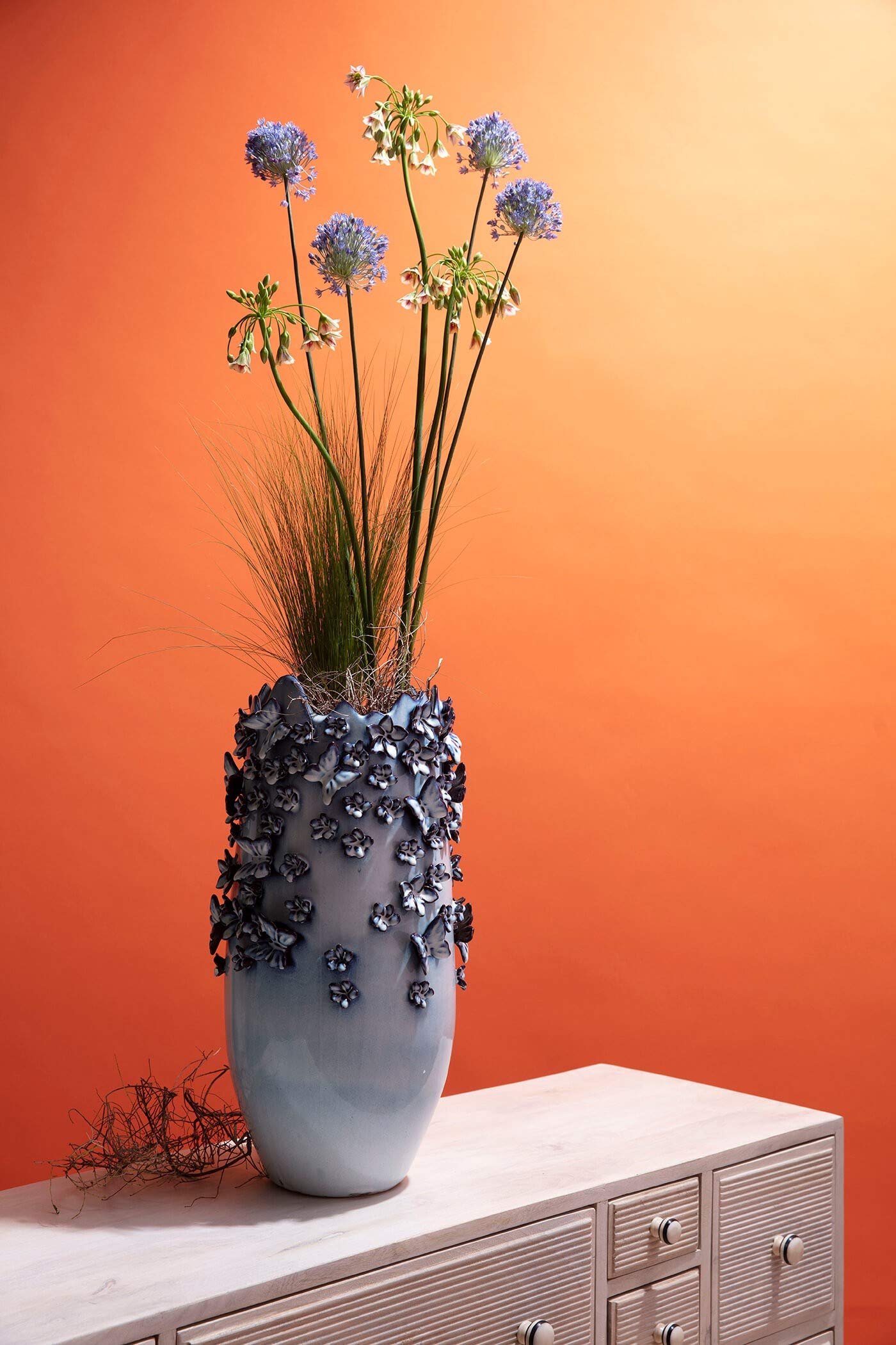 Kare Design Jarron Butterflies, Azul, 50 cm de Alto, Flores, Ceramica | Mariposas, gres cocido, motivo de mariposas, aspecto brillante, atractivo decorativo, jarron decorativo, para el salon