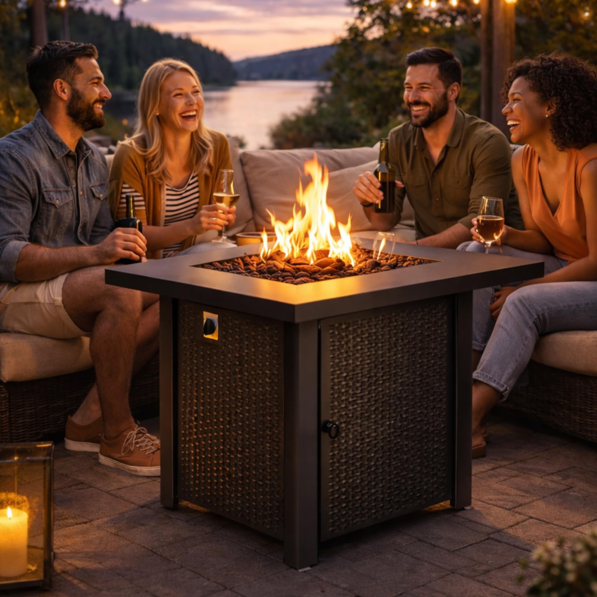APANA Gas Feuerstelle Outdoor Feuertisch mit Gasfeuerstelle für Terrasse Balkon Garten 50000 BTU mit Lavasteinen und Abdeckhaube