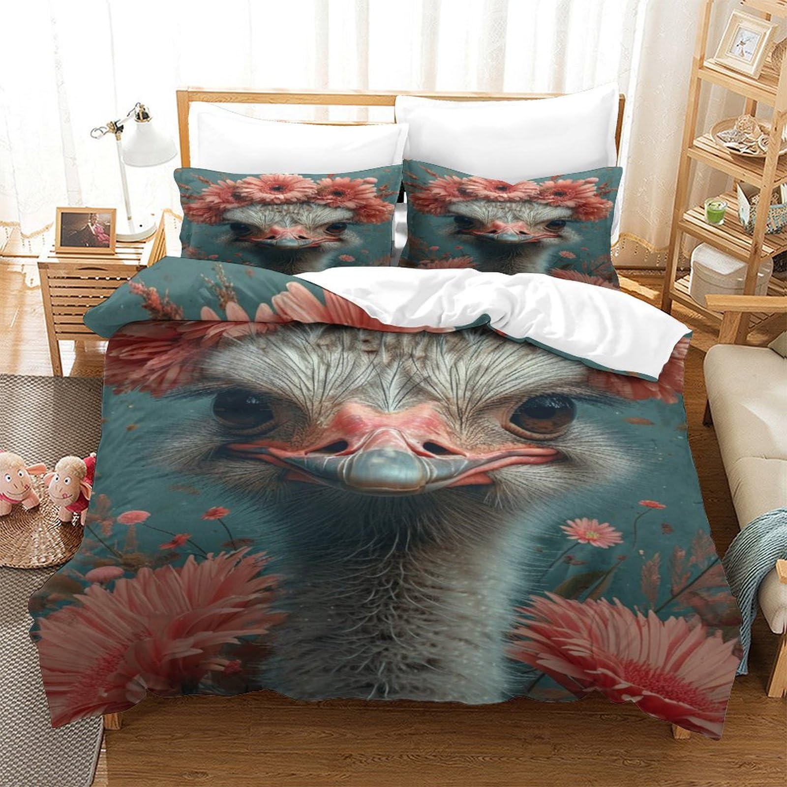 P1S9U7W5Y Artistic Ostrich Pattern 3D Printed Duvet Cover Set 3 Pieces Microfiber Bedroom Decoration Ostrich Bedding Set Soft Breathable for Adults Teens King（220x240cm）