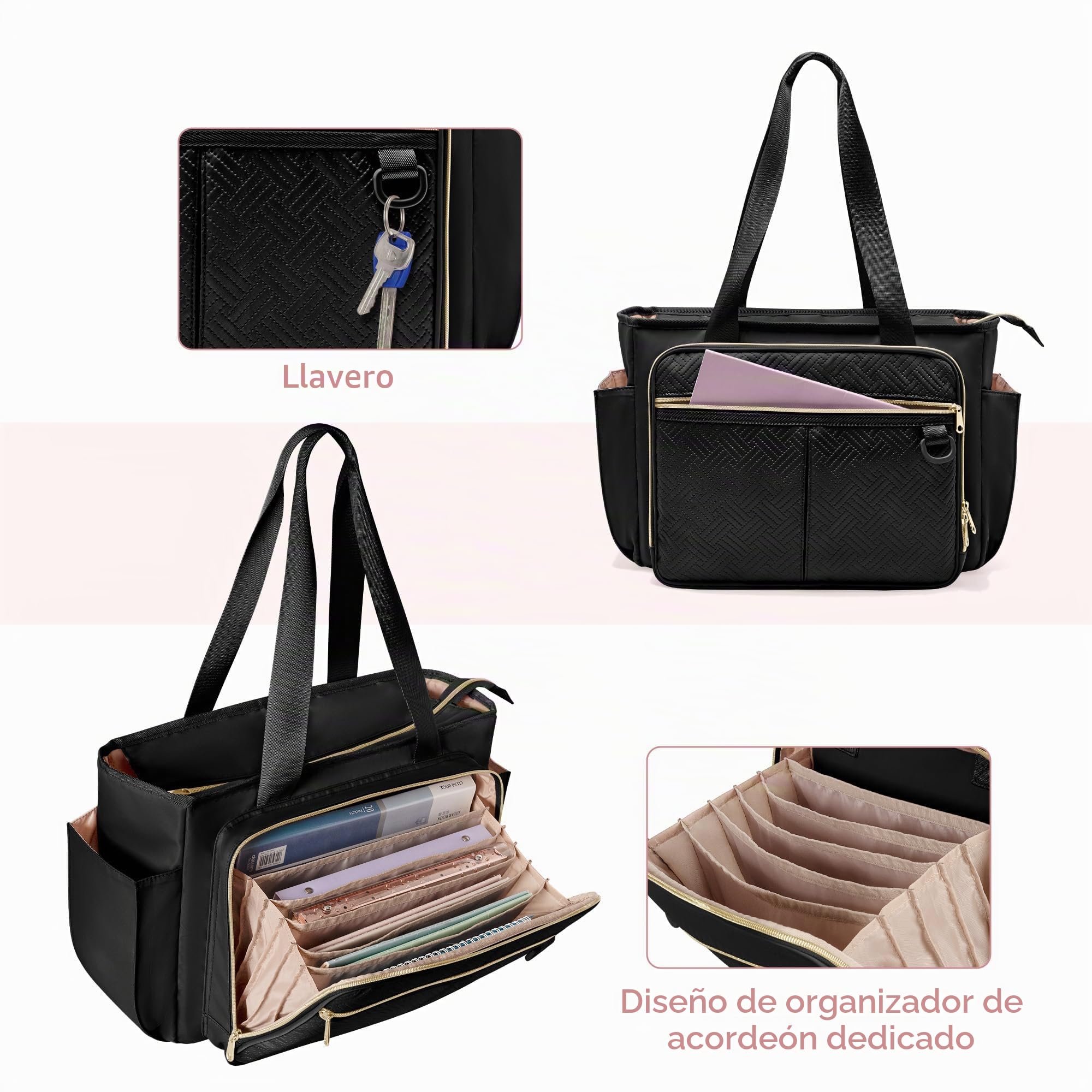 Bolsa de Mano para Profesores con bolsillo Organizador de Archivos de Acordeón, Bolsa Grande de Trabajo para Profesores para Mujeres, Negro (Diseño de Patente)