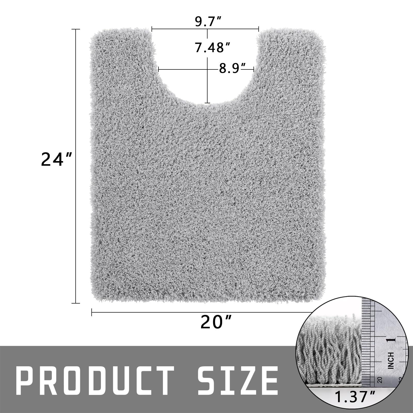 Yimobra U-förmiger WC-Badteppich, flauschiger Plüsch, super zottelig, weich, rutschfest, wasserabsorbierende Mikrofaser-Badematte, trocknet schnell, maschinenwaschbar, 50.8x61 cm, reines Grau