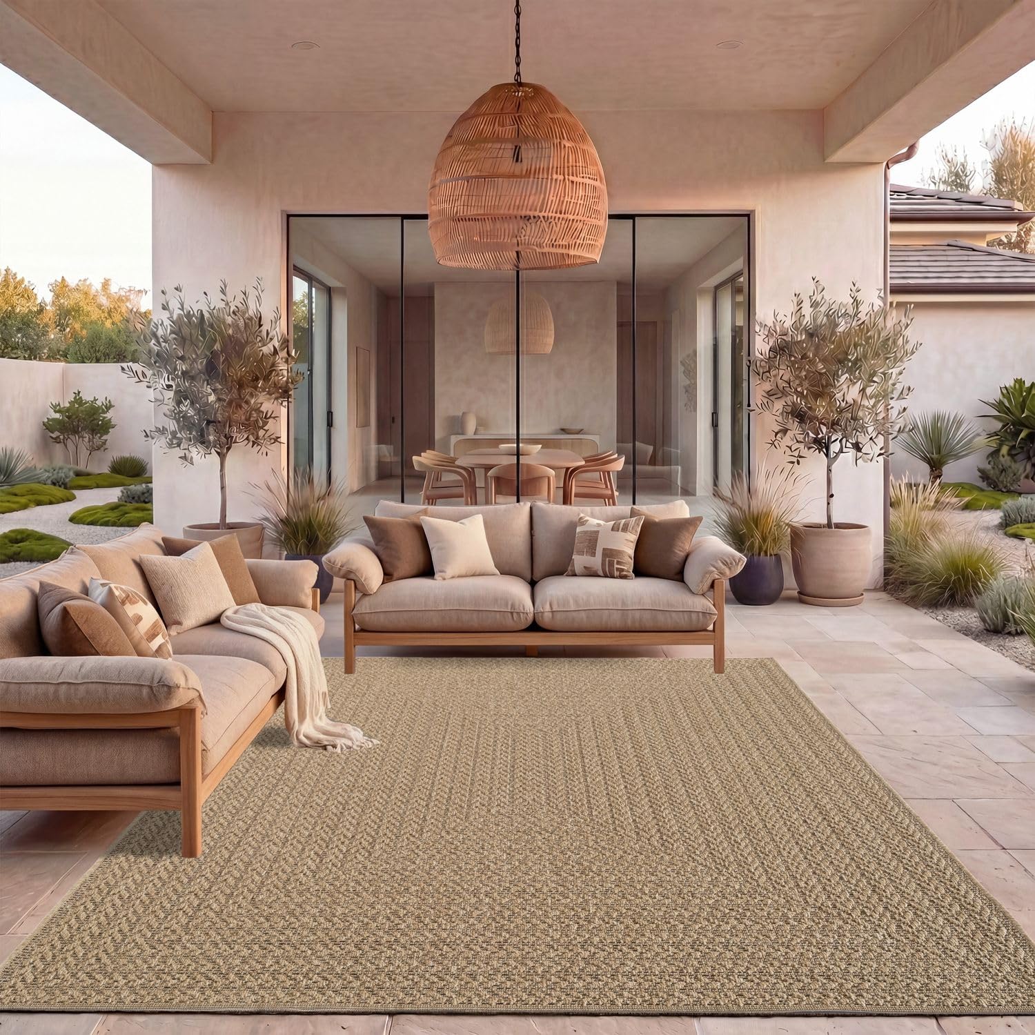TT Home Outdoor Teppich Wetterfest Garten Schlafzimmer Flur Natürlicher Sisal Look Geometrisches Boho Design Modern Unifarben, Größe:240x340 cm