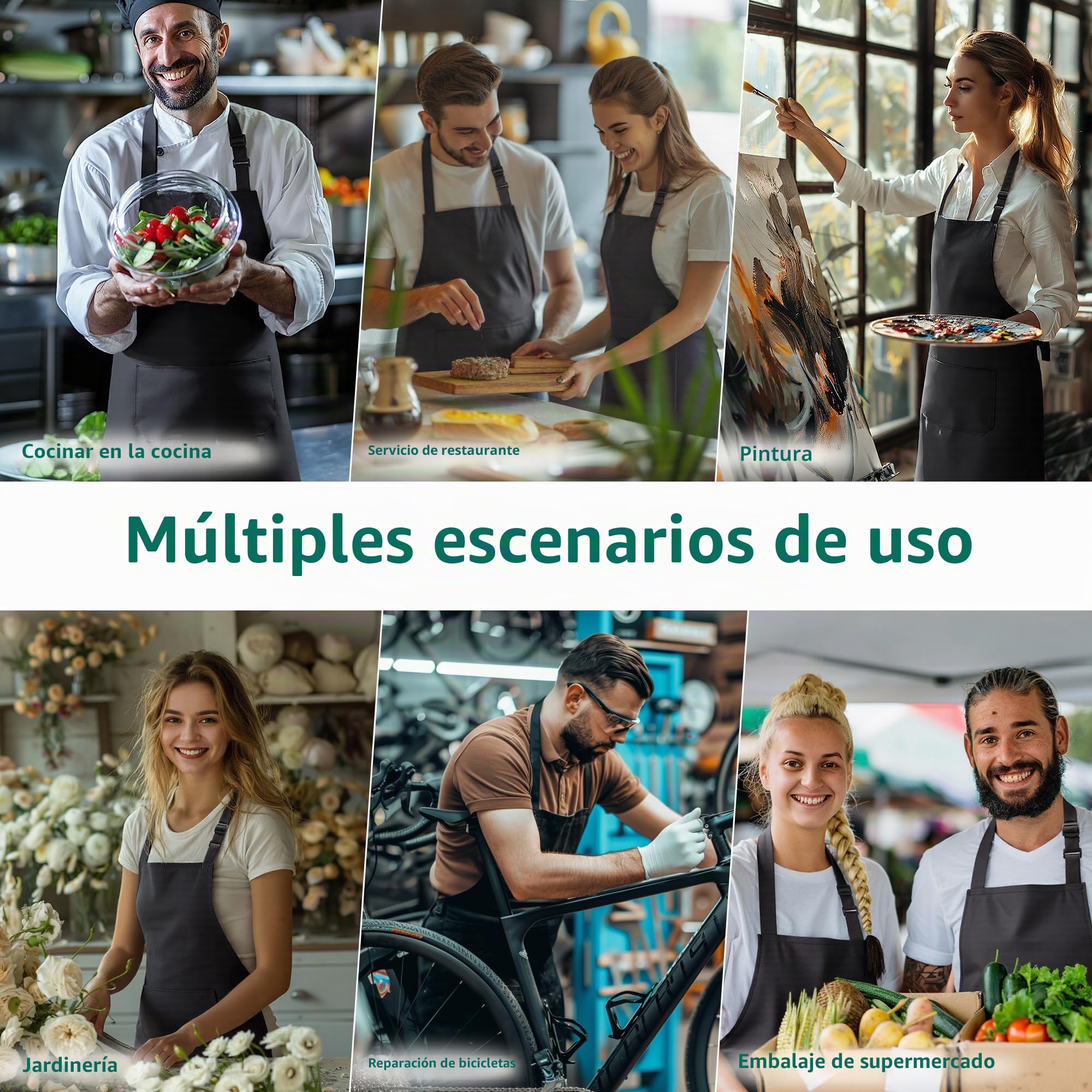 Set de 4 Delantales Cocina Hombre Mujer (68x80 cm), Delantal Impermeable con 2 Bolsillos Grandes, Delantal Personalizado Ajustable para Cocina, Barbacoa, Jardín y Camarero