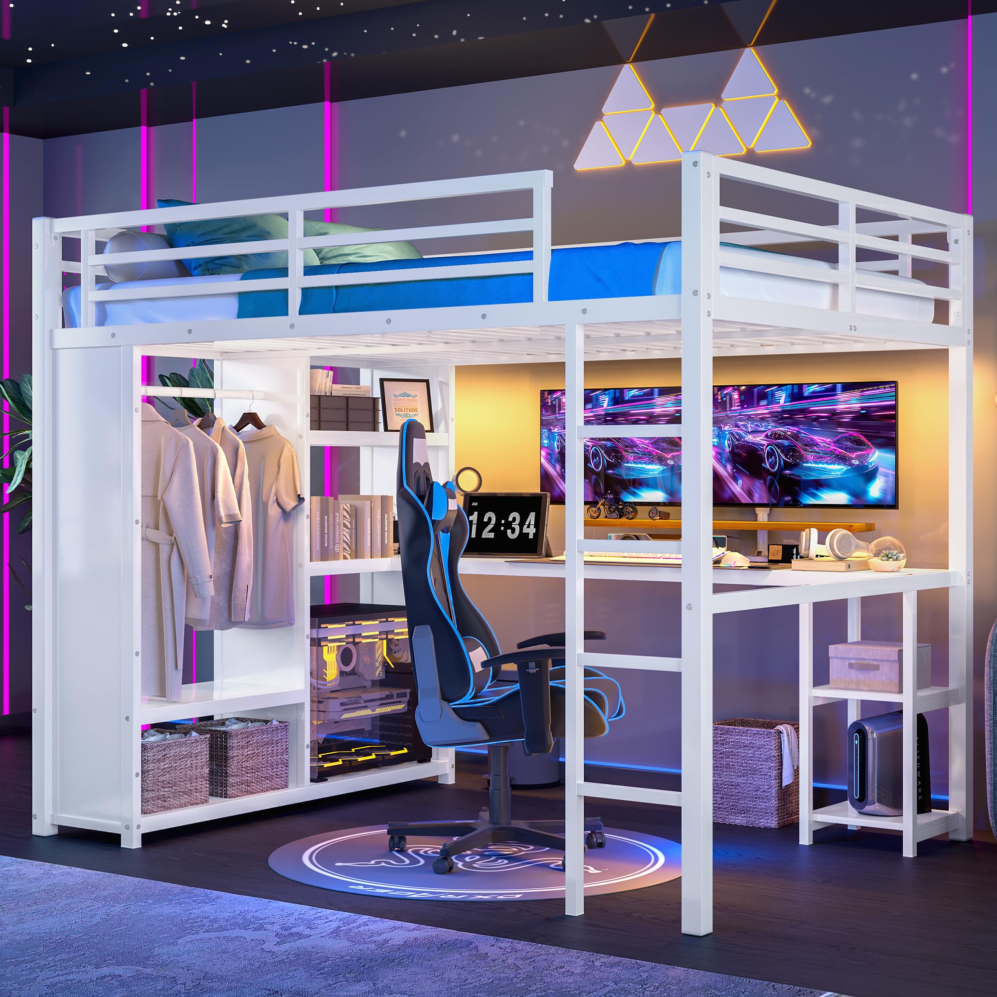 SEE DESCRIPTION Loft Bed Frame with Built-in Wardrobe, Metal Loft Bed with Desk and Storage Shelves for Bedroom (White, Queen (U.S. Standard))