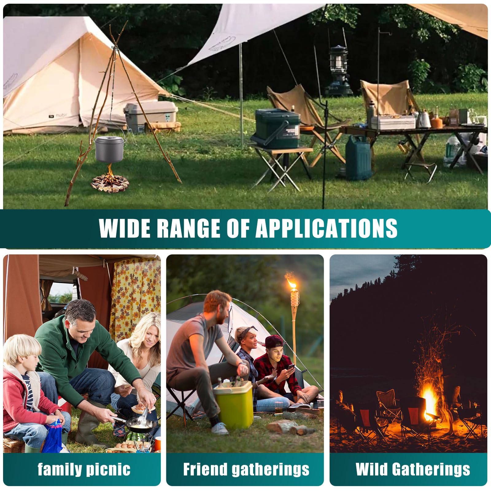 Camping Tripod Board-camping essentials?Turn Branches into Campfire Tripod ?fire pit grill?with Adjustable Chain for Hanging Cookware,Portable Camping Gear