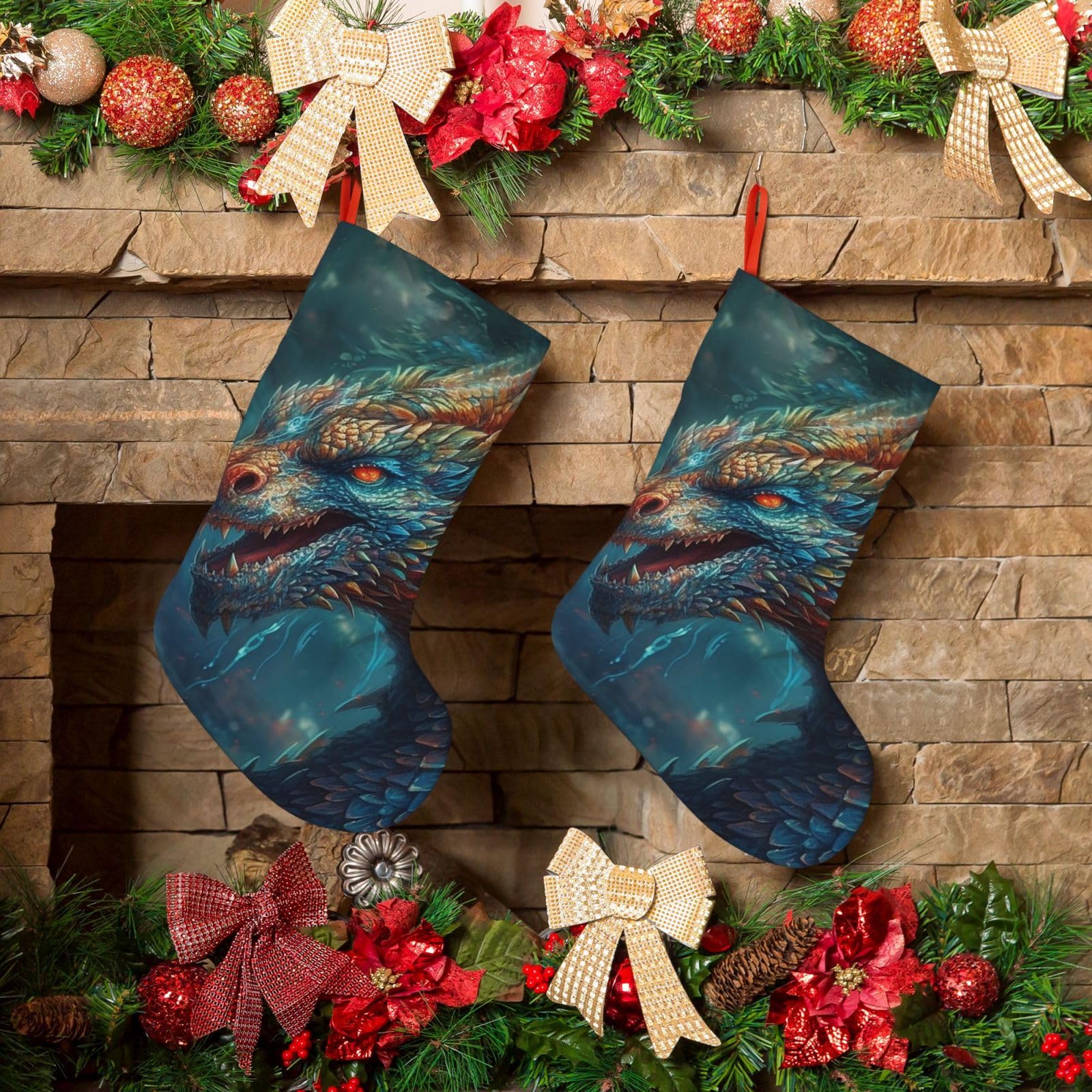 KLOPH Christmas Stockings 18" Personalized Xmas Stocking Dragon Art Decoration Stockings Hanging Ornaments Fireplace Stocking for Holiday Xmas Tree Christmas Decor