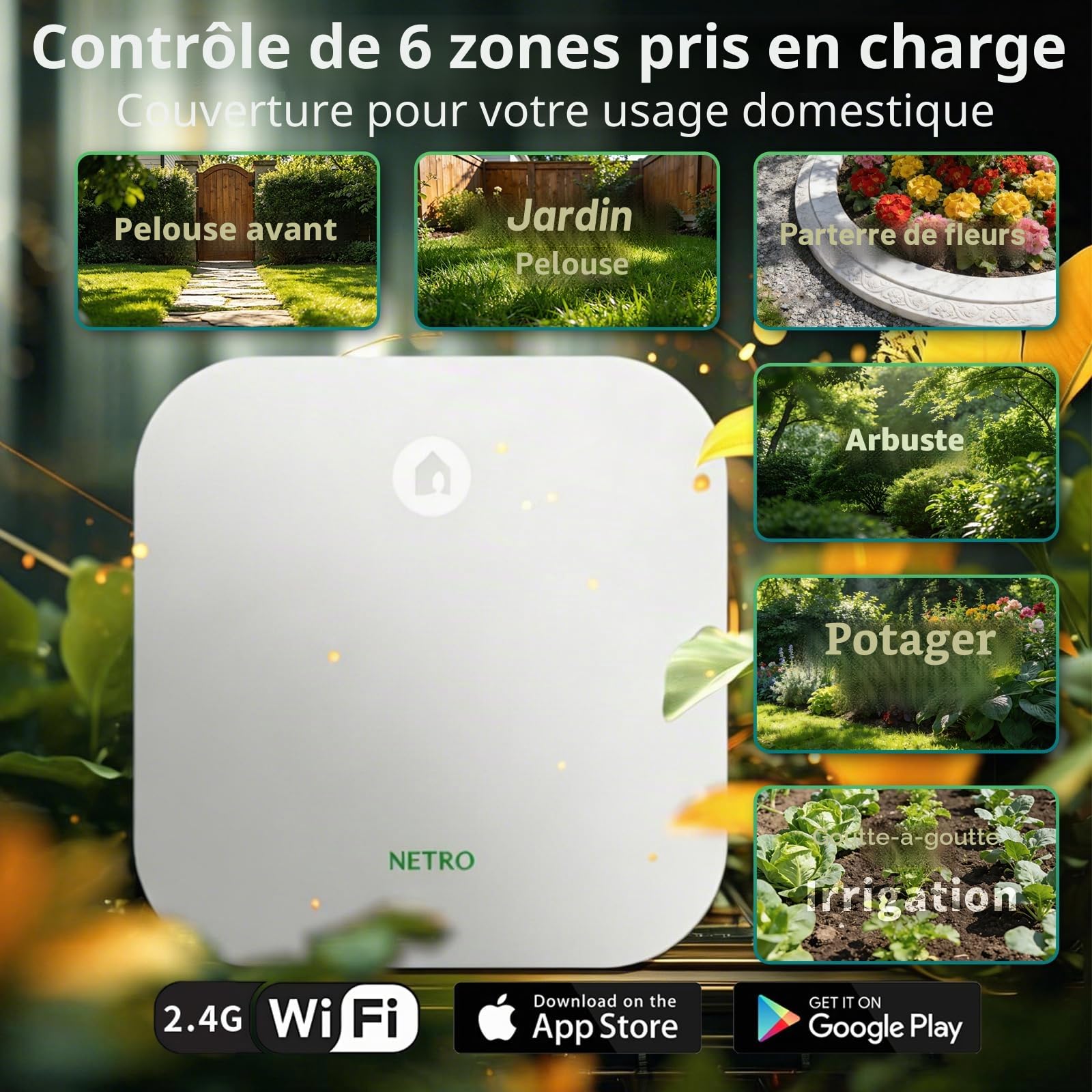 Netro Contrôleur d'arrosage intelligent, Wifi, sensible à la météo, accès à distance, 6 zones, compatible avec Alexa