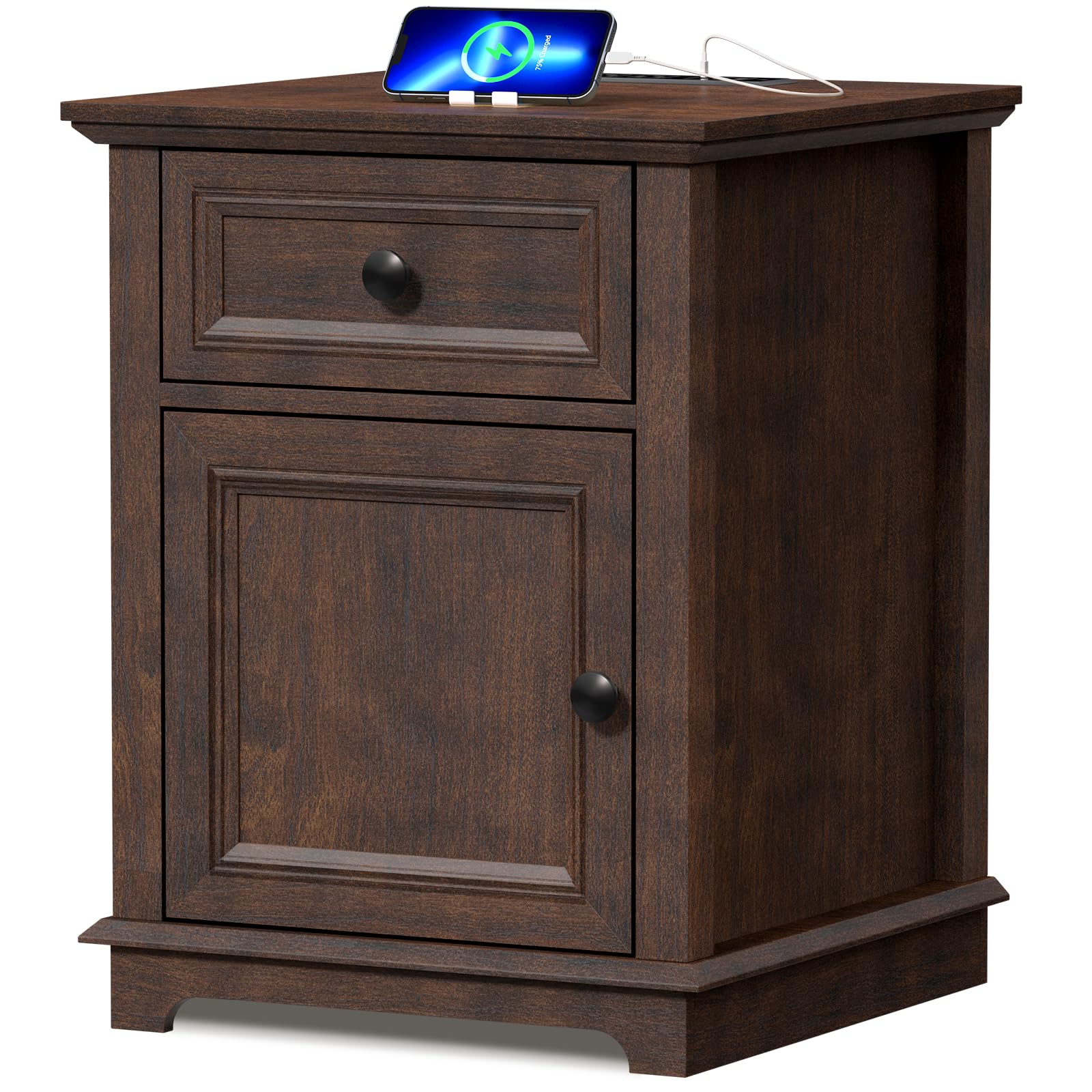 REDAYFUR 24" Tall End Table with Fast Charging Station, Square Side Table with Drawer & Large Storage Cabinet, Vintage Wooden Table for Living Room/