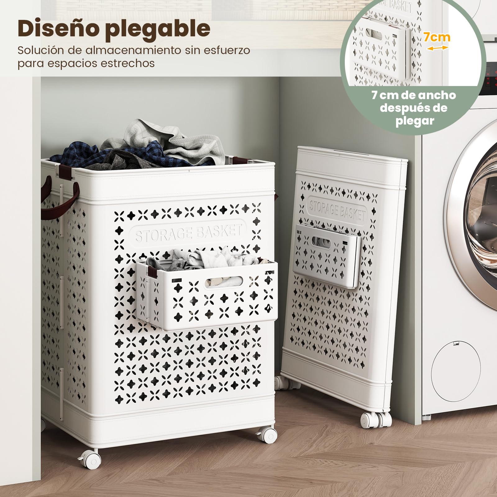 COSTWAY Cesta para Ropa Sucia Plegable 75 L, Cesto de La Colada, Cubo de Almacenamiento de Plástico con Asas y Estuche Pequeño Plegable, Cesto Popa Sucia con Ruedas, Blanco