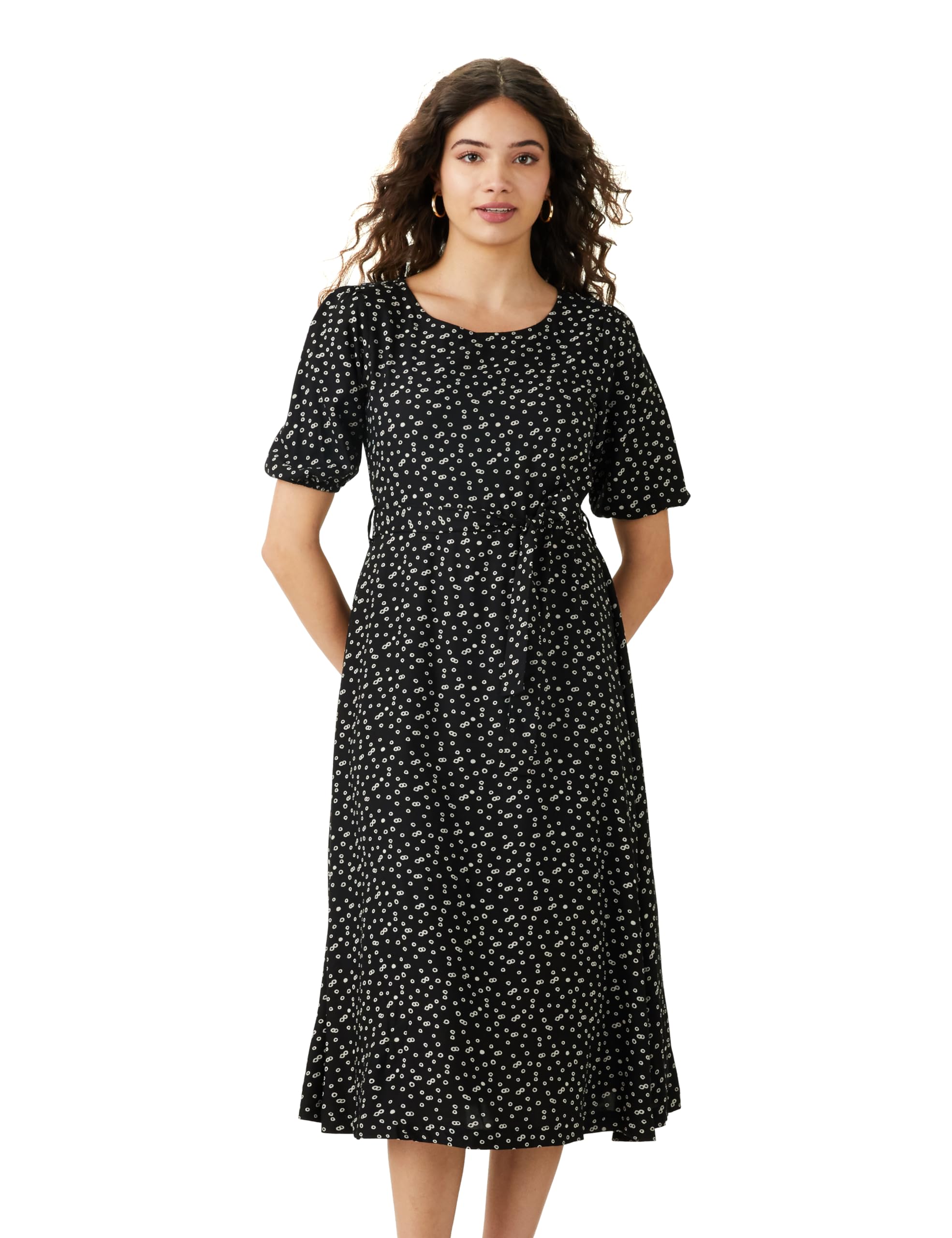 Women's Rayon Fit and Flare One Piece Midi Length Dress (with Self Fabric Belt) (Available in Plus Sizes)
