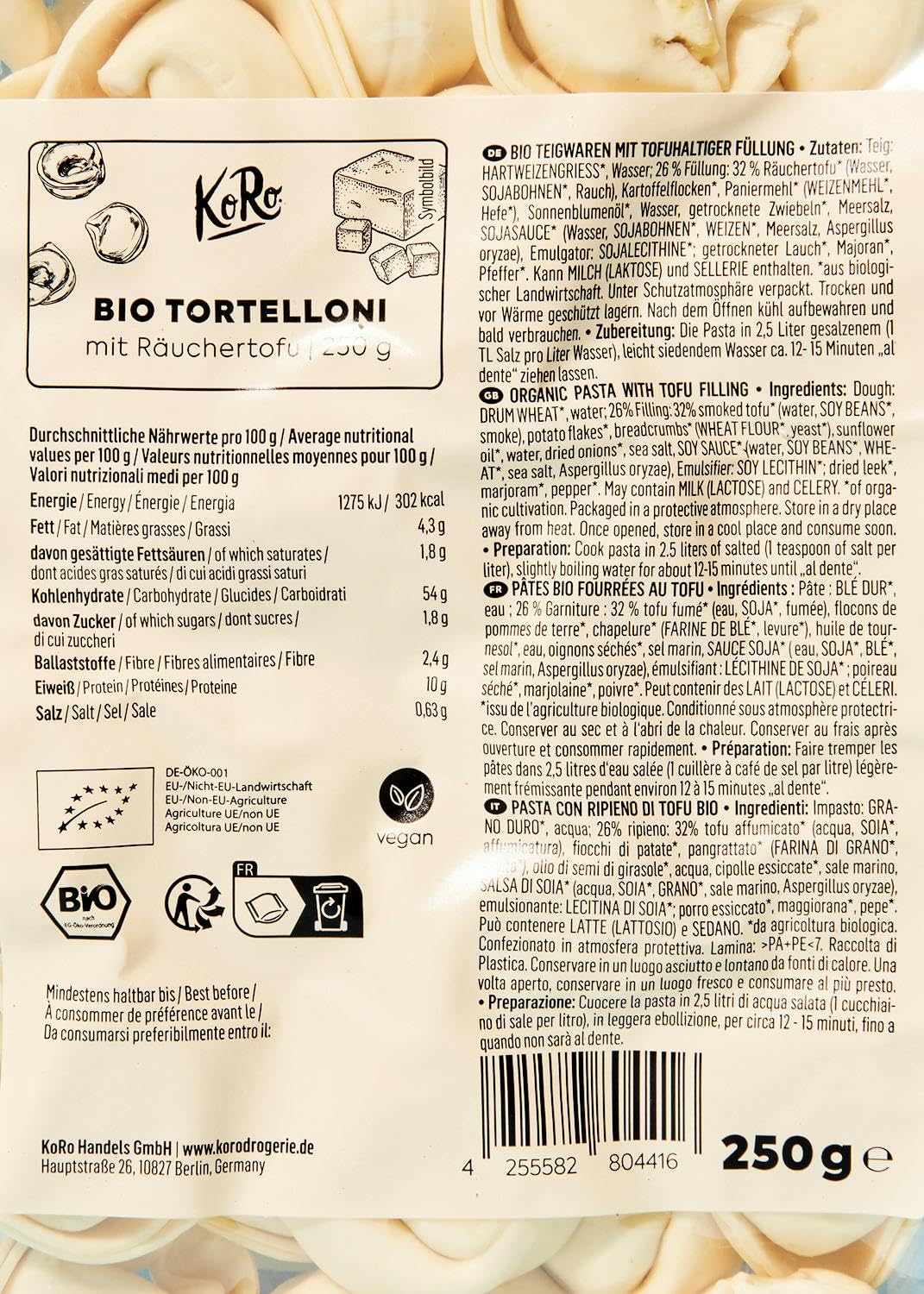 KoRo - Tortelloni con ripieno di tofu affumicato bio 250 g - Facili e veloci da preparare - Vegani - Qualità biologica - Si conservano senza refrigerazione