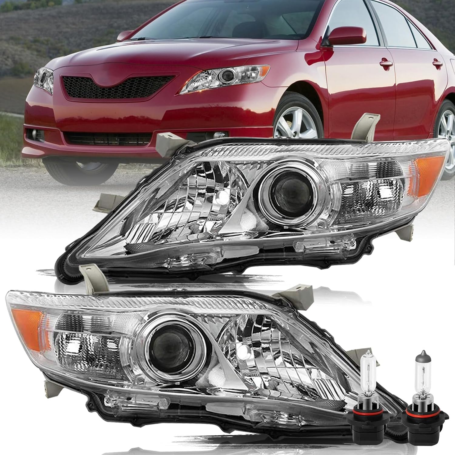 Aosky Headlight Assembly Compatible with 2010 2011 Toyota Camry Factory Halogen Projector Headlamp Driver and Passenger Side (Chrome Housing with Amber Reflector)