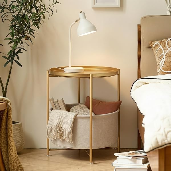Elegant Gold Nightstand with Fabric Storage