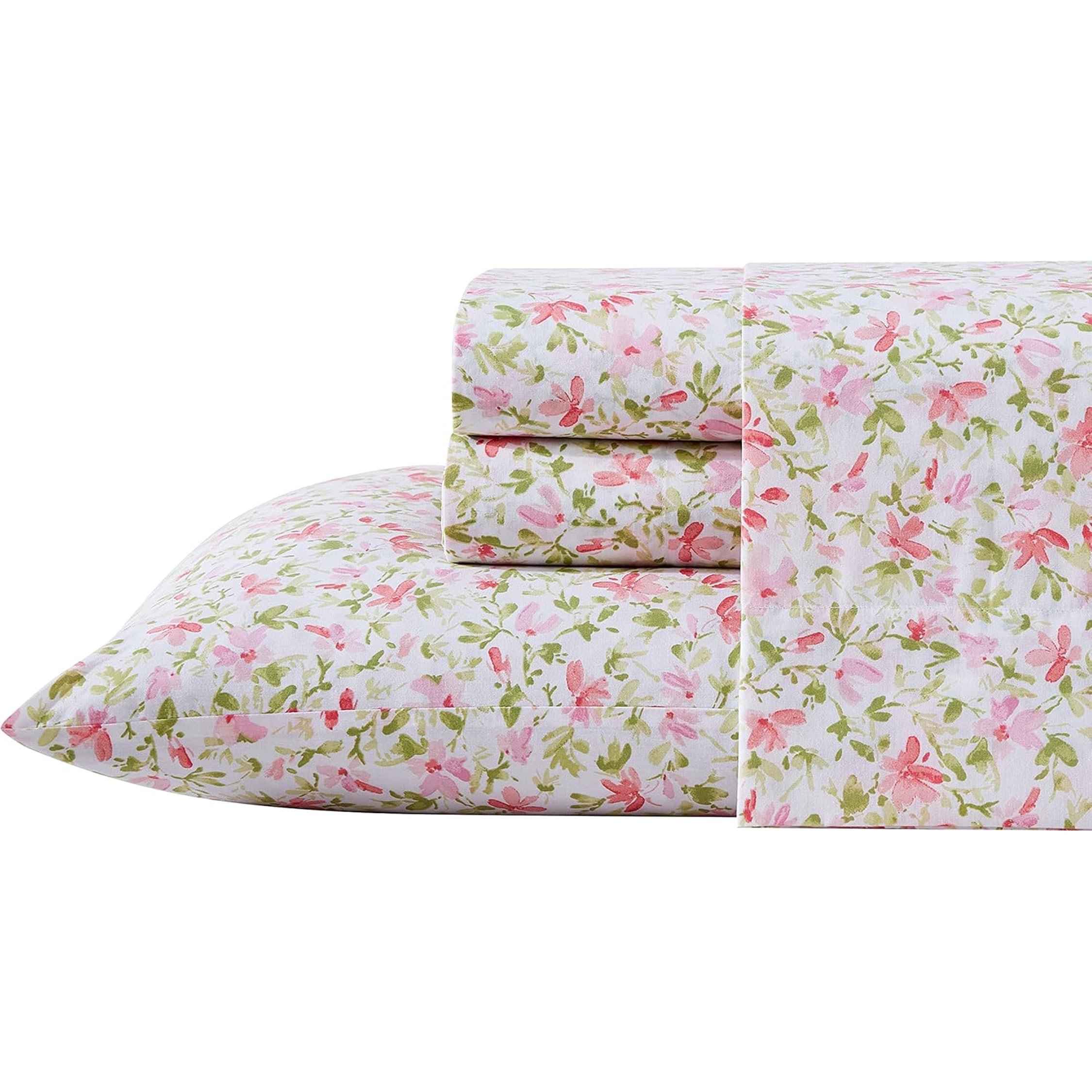Laura Ashley - Queen Sheets, Cotton Percale Bedding Set, Lightweight & Breathable Home Decor (Norella Pink, Queen)