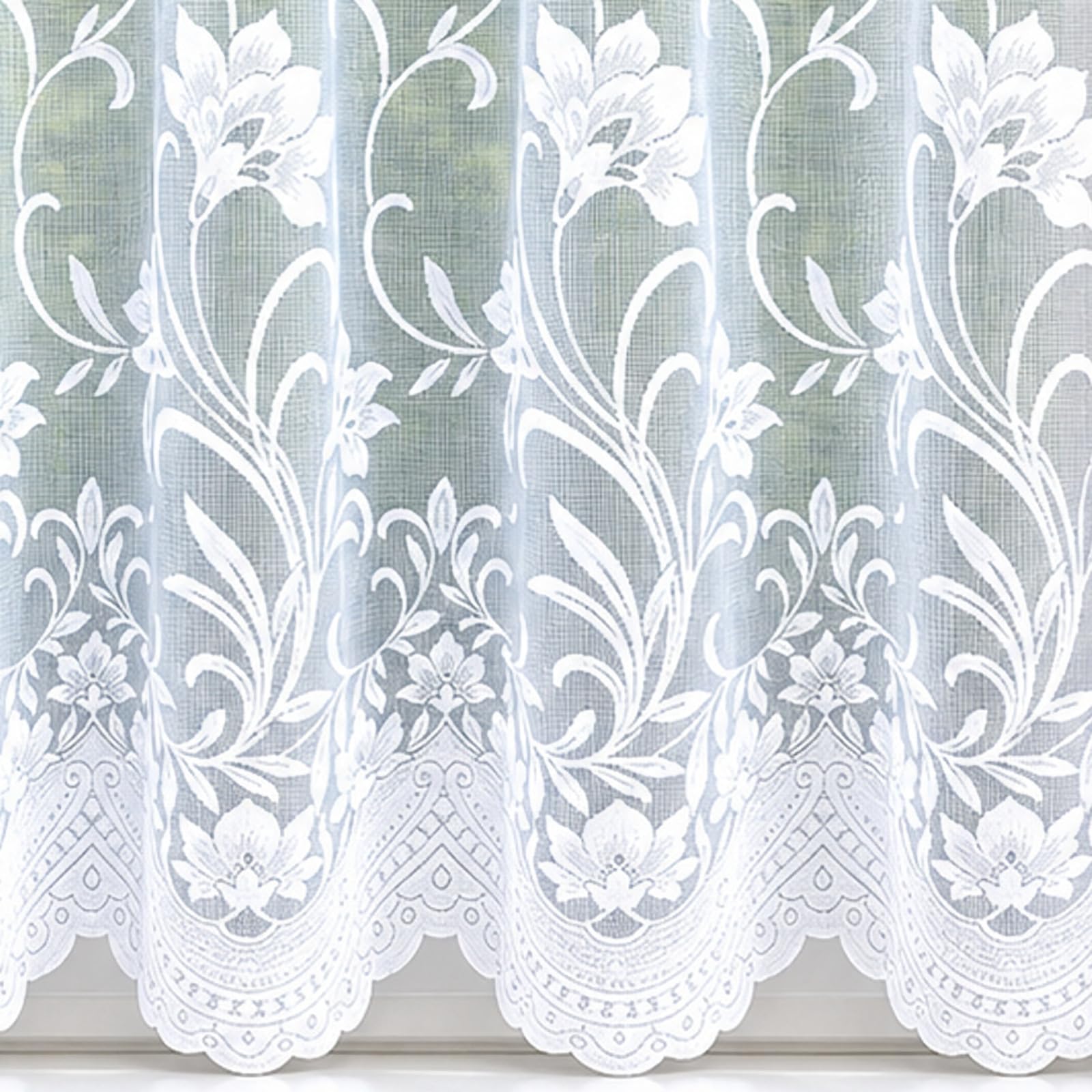 48" (122cm) Drop - Lilliana White Floral Vine Lace Net Curtain With Scalloped Hem - Choose Your Design - Sold By The Metre - Supplied In One Continuous Piece - Slot Top