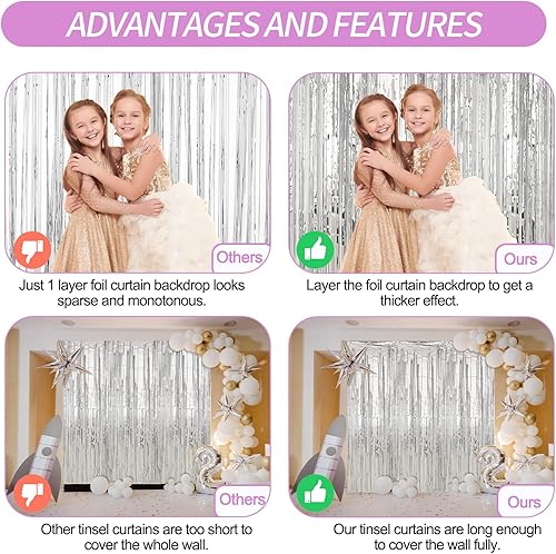 Miniatura 3 de Crosize Paquete de 4 cortinas de flecos de papel de aluminio plateado de 3.3 x 9.9 pies, decoración de fiesta, telón de fondo de cortina de oropel