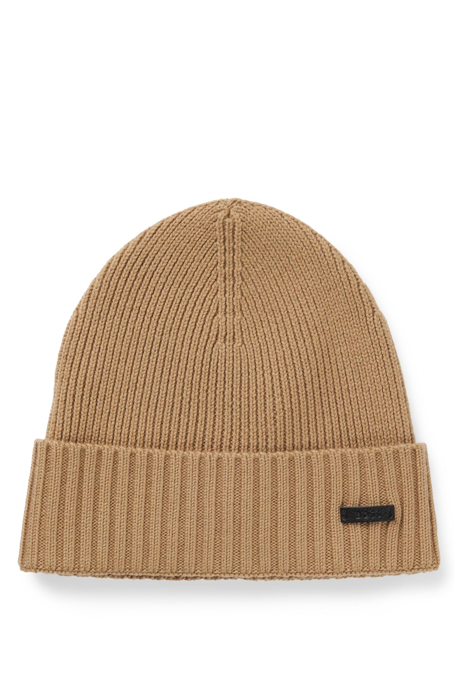 BOSS Mens Fati Ribbed beanie hat in responsible virgin wool