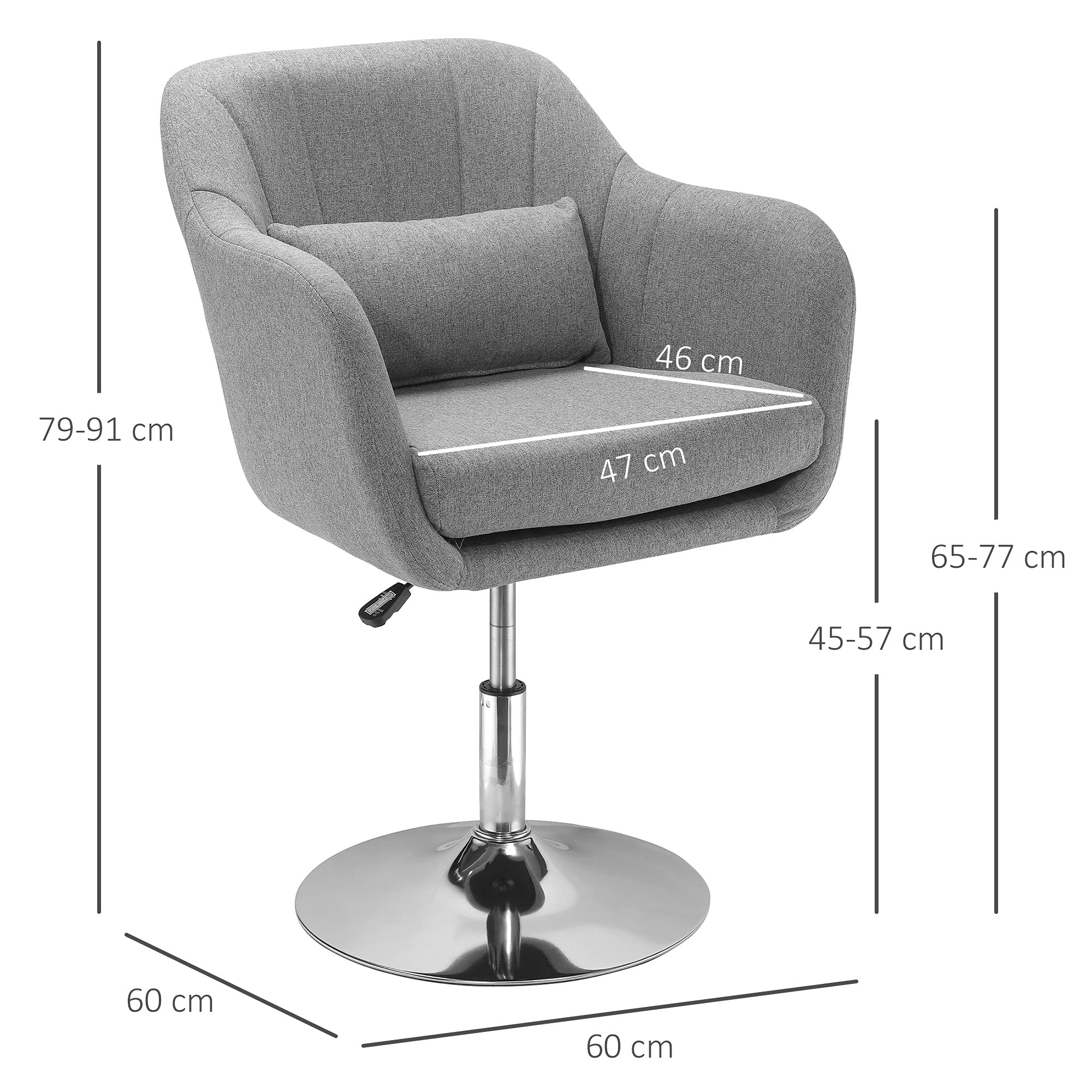 HOMCOM Fauteuil de Salon Chaise Relax Fauteuil de Chambre Grand Confort - Coussins lombaires Hauteur réglable pivotant 360° piètement en métal chromé - Gris