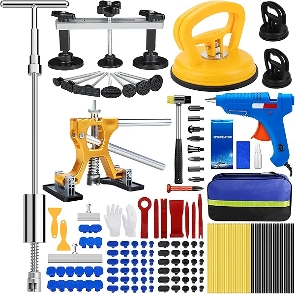 135Pcs Car Dent Puller Kit, Car Paintless Dent Remover Tool Kit with 3-in-1 T-bar Slide Hammer & Bridge Puller & Suction Cup, Dent Repair Kit for Remover Auto Body Hail Damage Large Small Dent