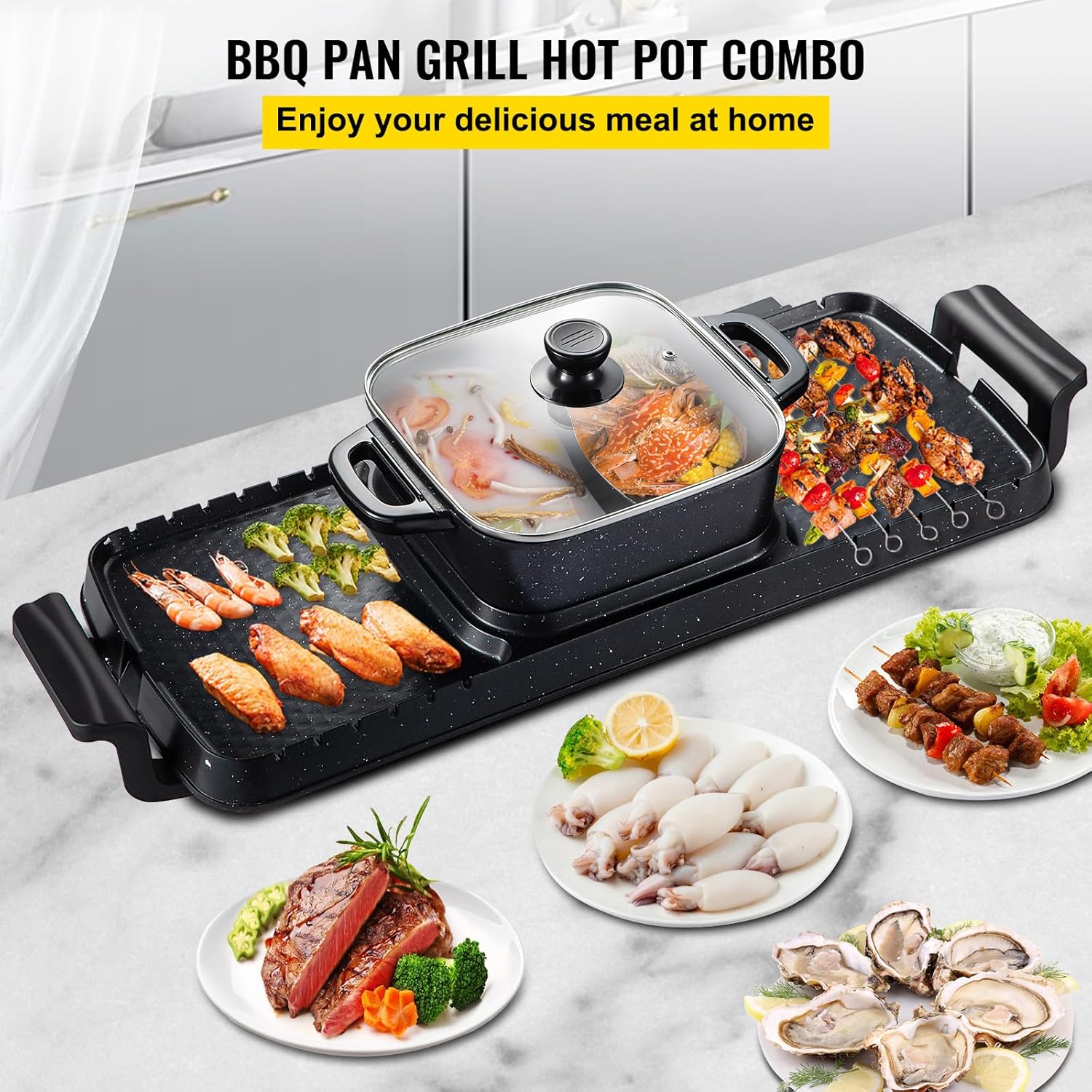 Happybuy 2400W 2-in-1 Electric Grill & Hot Pot – Smokeless Nonstick Teppanyaki Cooker with Dual Temperature Control – Ideal for 1-8 People, Family Gatherings & Parties