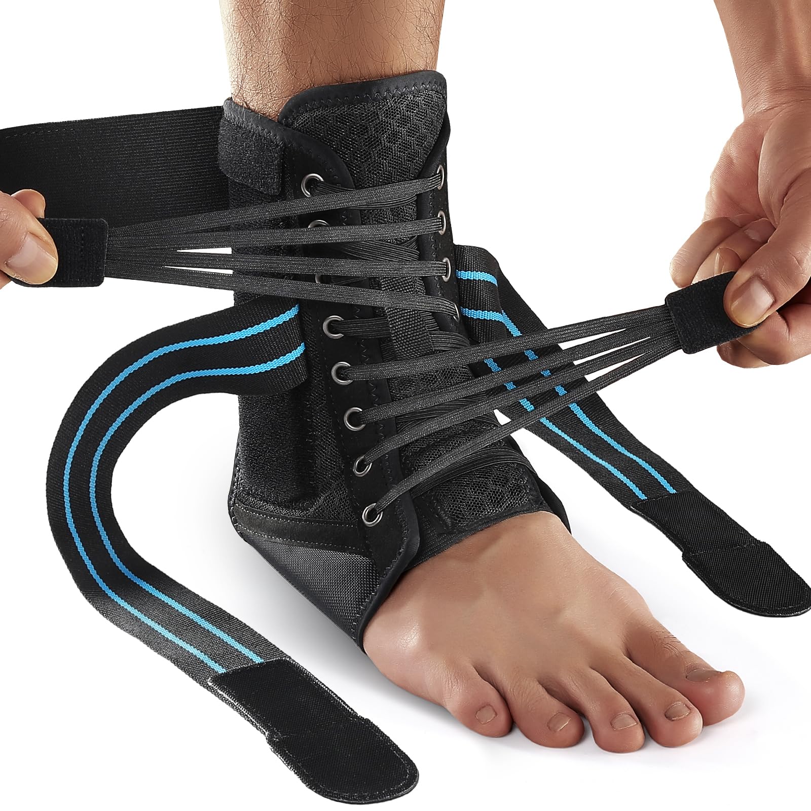 AGPTEK Ankle Brace for Women Men, Adjustable Lace-Up Ankle Support with Removable Splints for Sprained Ankle, Injury Recovery, Ankle Stabilizer Wrap for Basketball Volleyball Sports, Blue, M