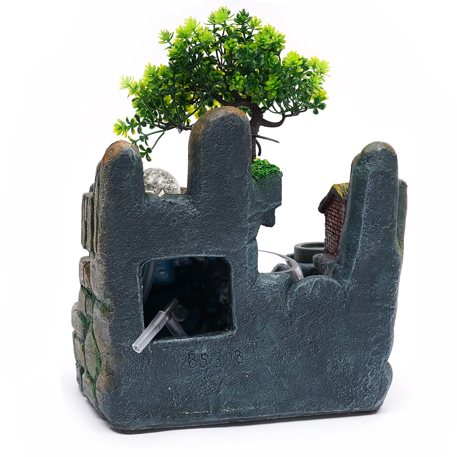 Fontaine d'intérieur - Cascade - Fontaine de table avec éclairage LED et brouillard - Petite fontaine d'intérieur avec plantes - Décoration Salon, Pour le placement dans le salon, le bureau