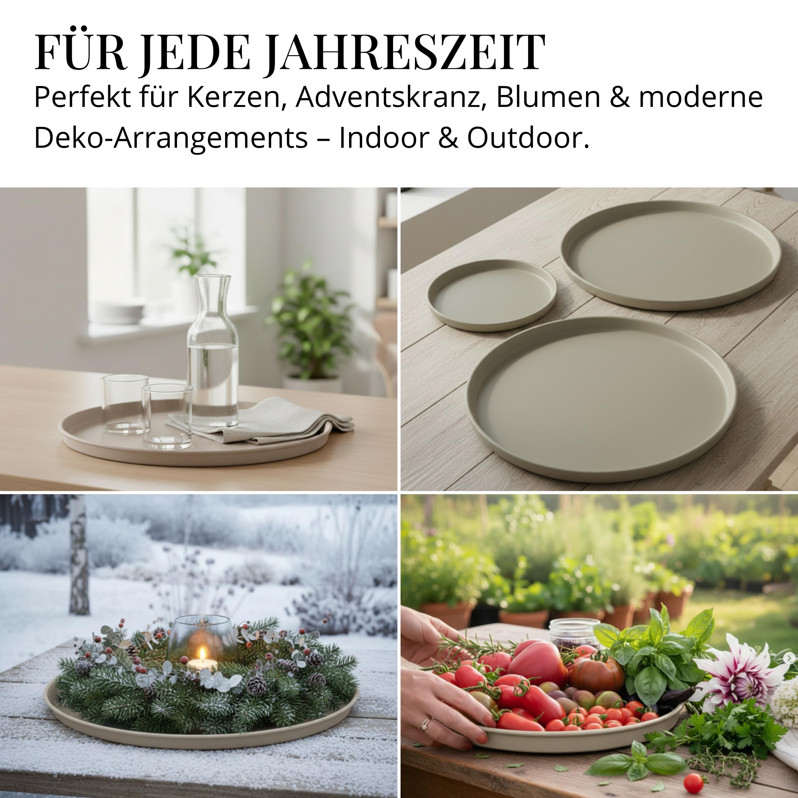 LIVLIG Deko Tablett Set, Serviertablett rund (25 cm, 30 cm, 40 cm), Beige | Dekotablett für Adventskranz, Kerzentablett & Dekotablett, Made in Europa - Stilvolles Tablett rund