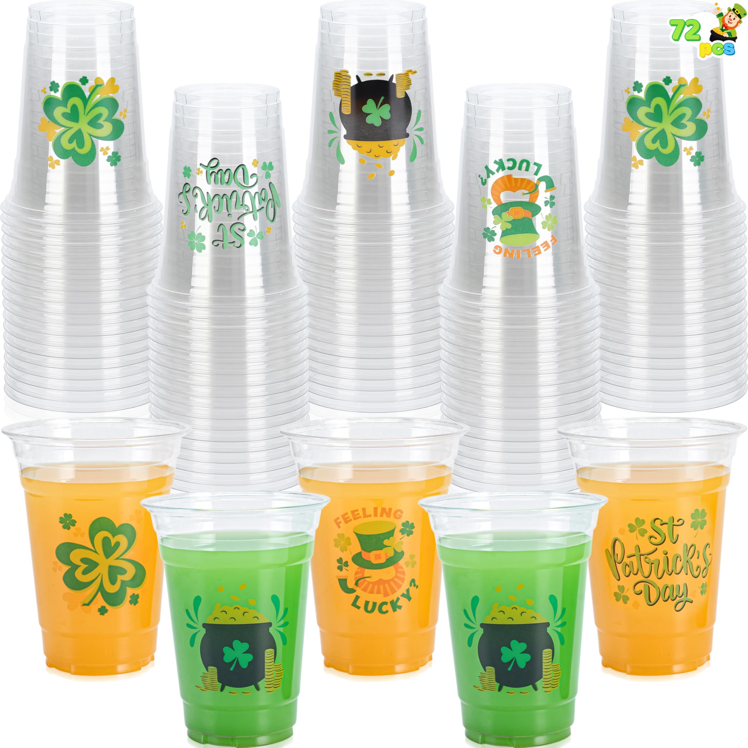 JOYIN 72 Pcs 16oz St. Patrick's Day Plastic Cups, Green Disposable Cups Bulk with 4 Styled Lucky Clover Cauldron Patterns for Saint Patrick Party