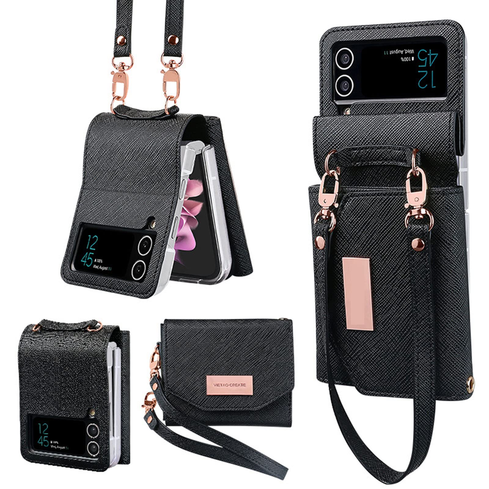 Coque pour Samsung Galaxy Z Flip 4, Crossbody Long Strap Wallet Flip Étui avec Fentes Cartes Et Support Étui Antichoc Anti-Empreintes Housse,Noir