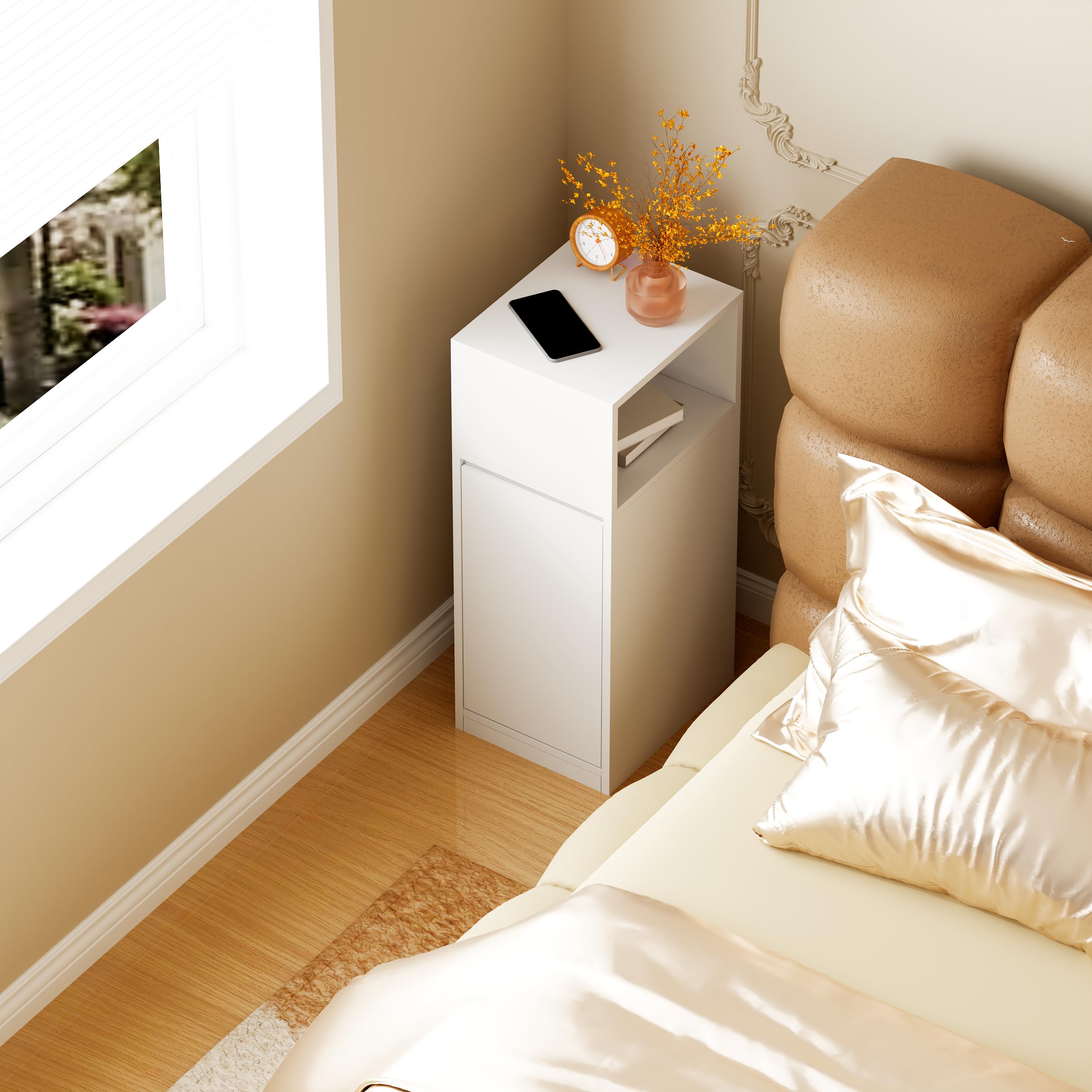 BEWISHOME Table de Chevet Étroite Lot de 2,Table d'Appoint,1 Port | Compartiment Ouvert,3 Étagères Réglables en Hauteur,65 x 25 x 30 cm,pour Chambre à Coucher et Salon,Blanc EFCG13W