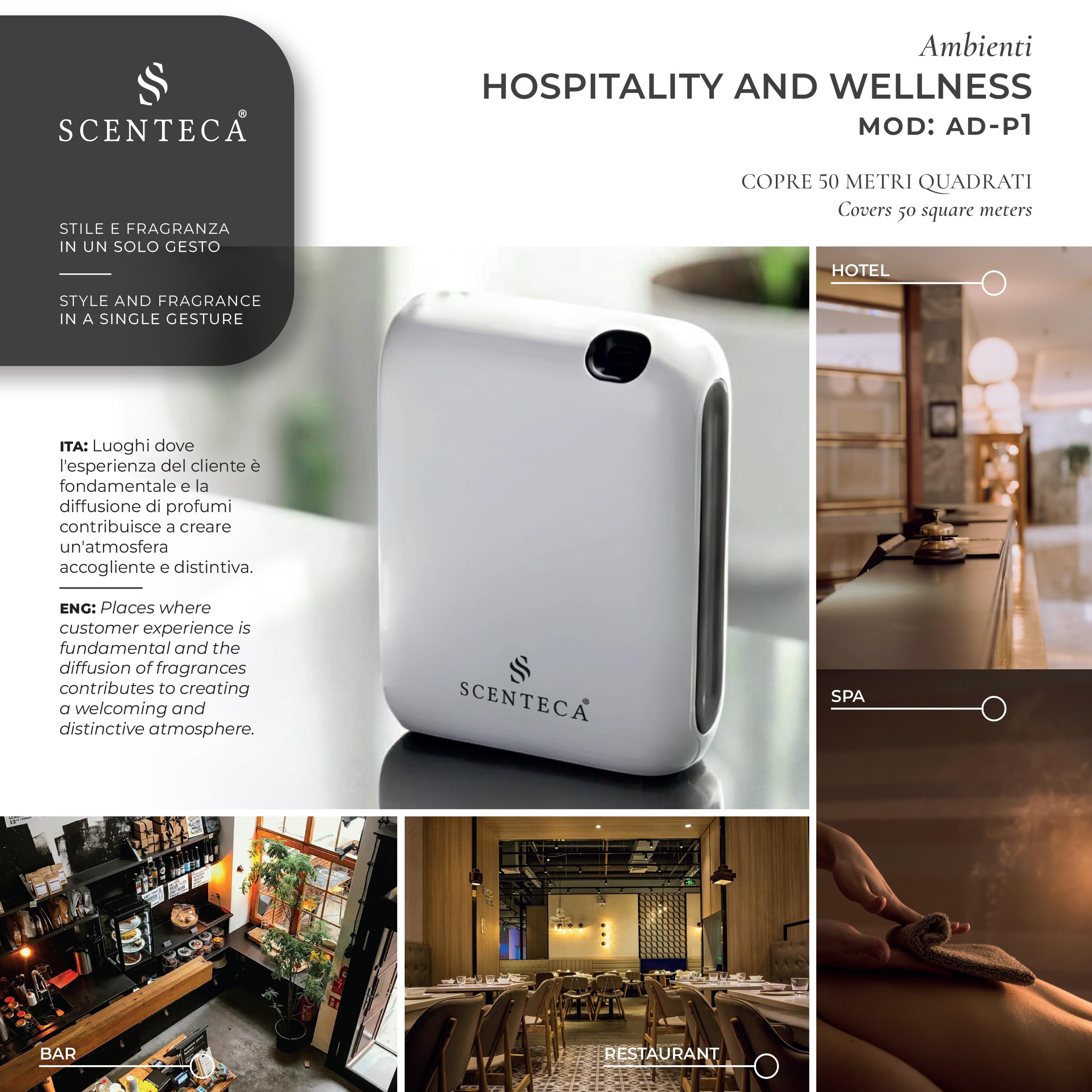 SCENTECA Diffusore elettrico di oli essenziali AD-P1, fragranza Summer Scent 100 ml Inclusa, nebulizzazione senza acqua, programmabile via app, copertura fino a 50 m²