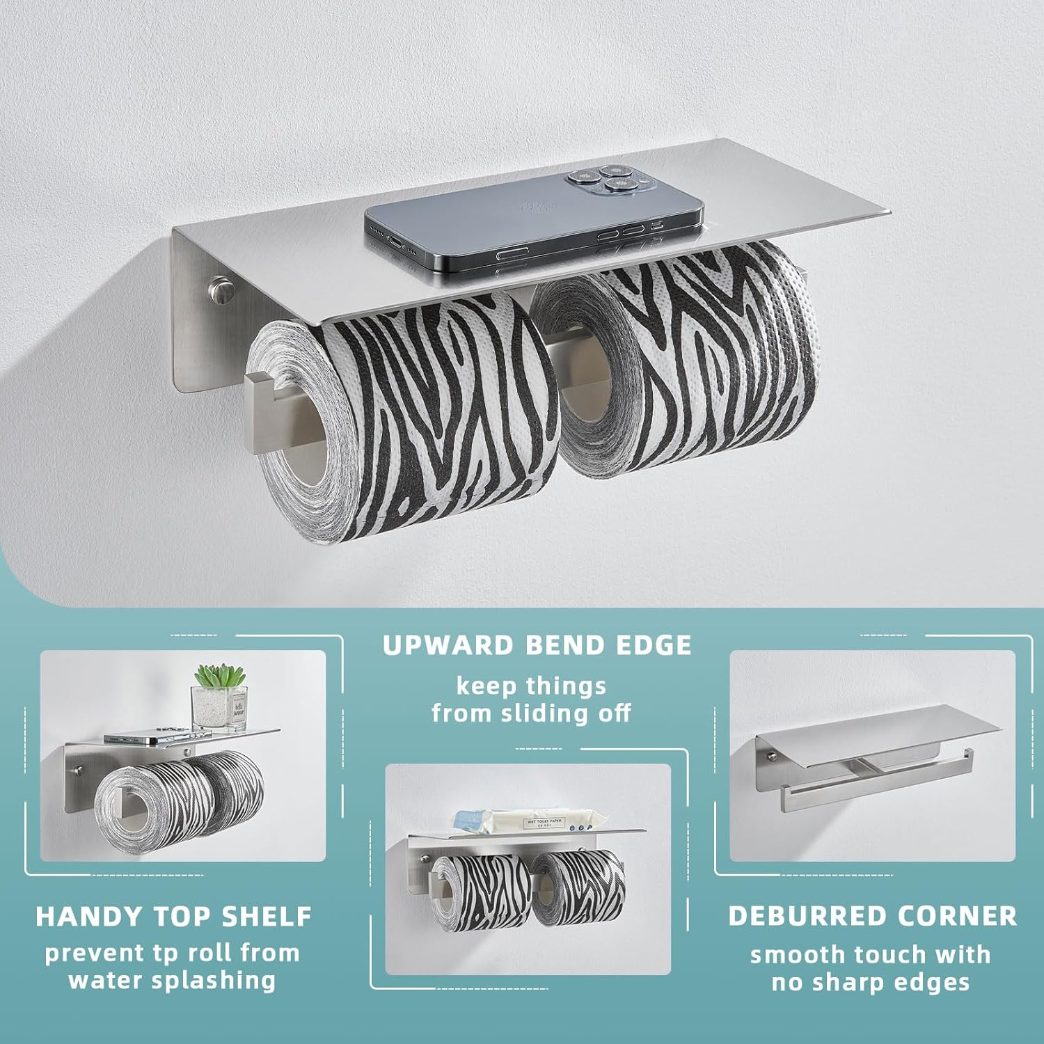 Angle Simple Swivel Towel Ring Bundle with Double Toilet Paper Holder with Shelf (Brushed Nickel)