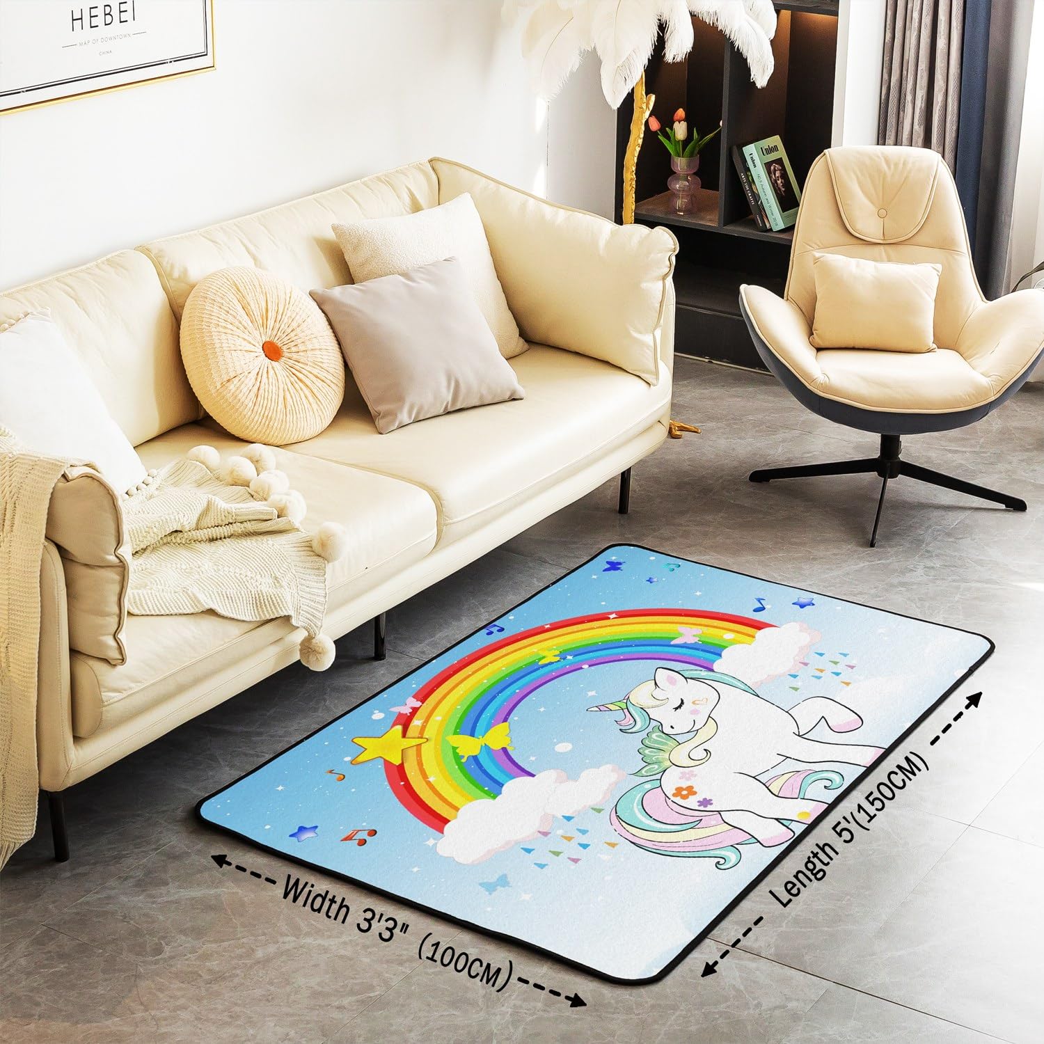 Homewish Tapis de Sol Licorne pour Chambre de Fille - Bleu Clair Et Blanc, Décoratif Imprimé Arc-en-Ciel Kawaii Antidérapant, Intérieur Cheval Blanc, 100x150