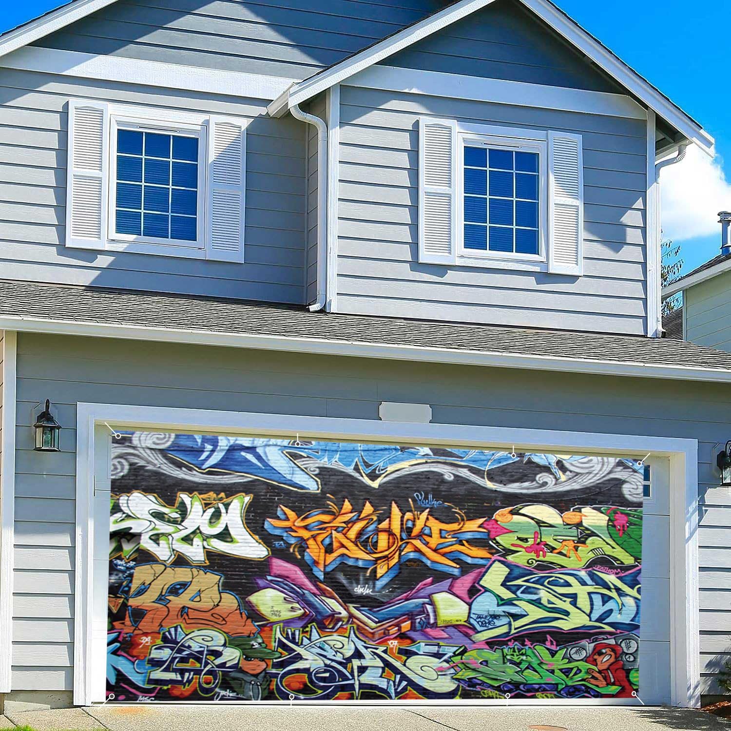 12x6ft Leowefowa Polyester Garage Door Cover Urban Street Graffiti
