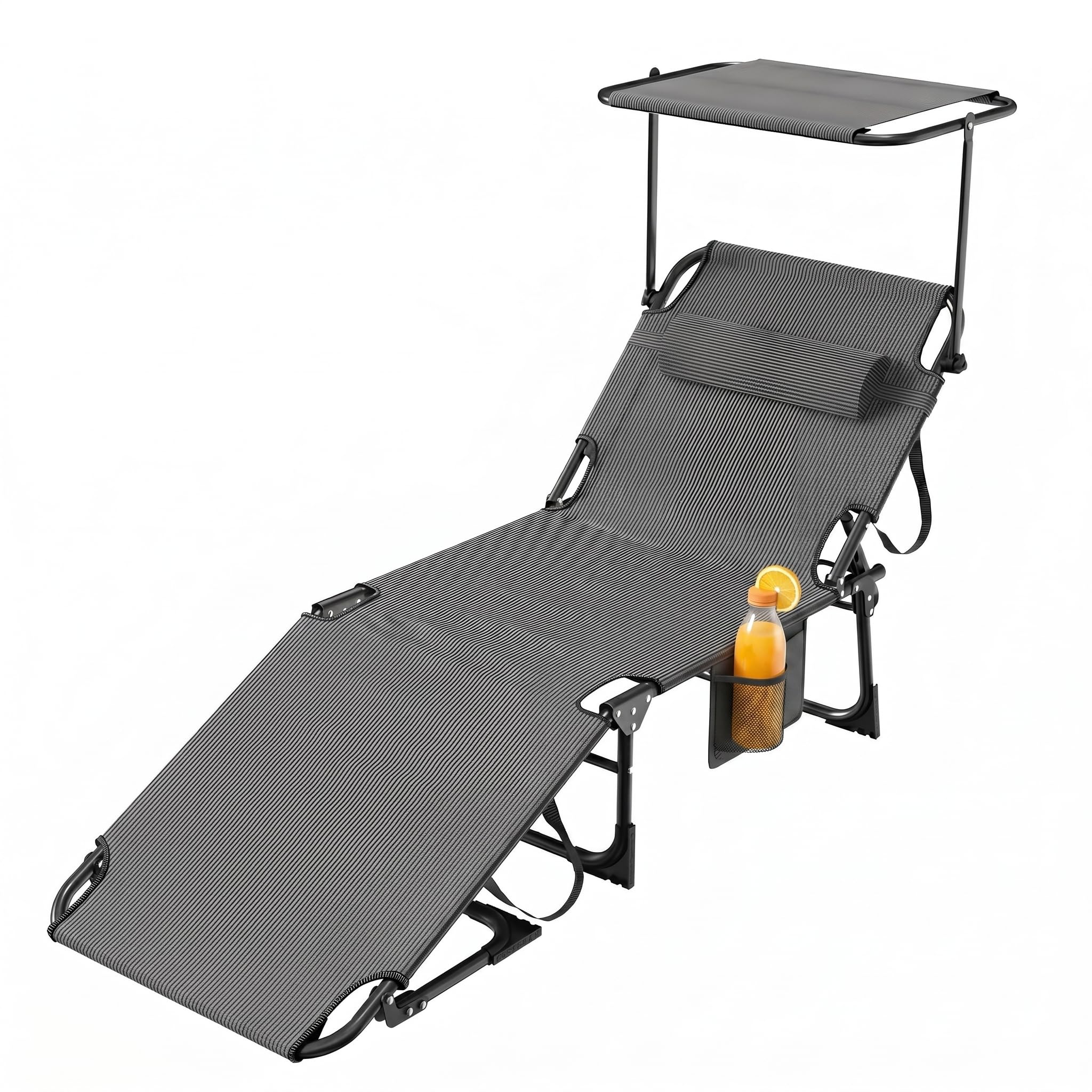 Sonnenliege klappbar mit Dach, Gartenliege 194 x 67,5 x 29 cm, Liegestuhl mit Verstellbarer Rückenlehne & Kopfkissen, Faltbare Campingliegefür Strand-Pool-Garten, bis 120 kg, Schwarz