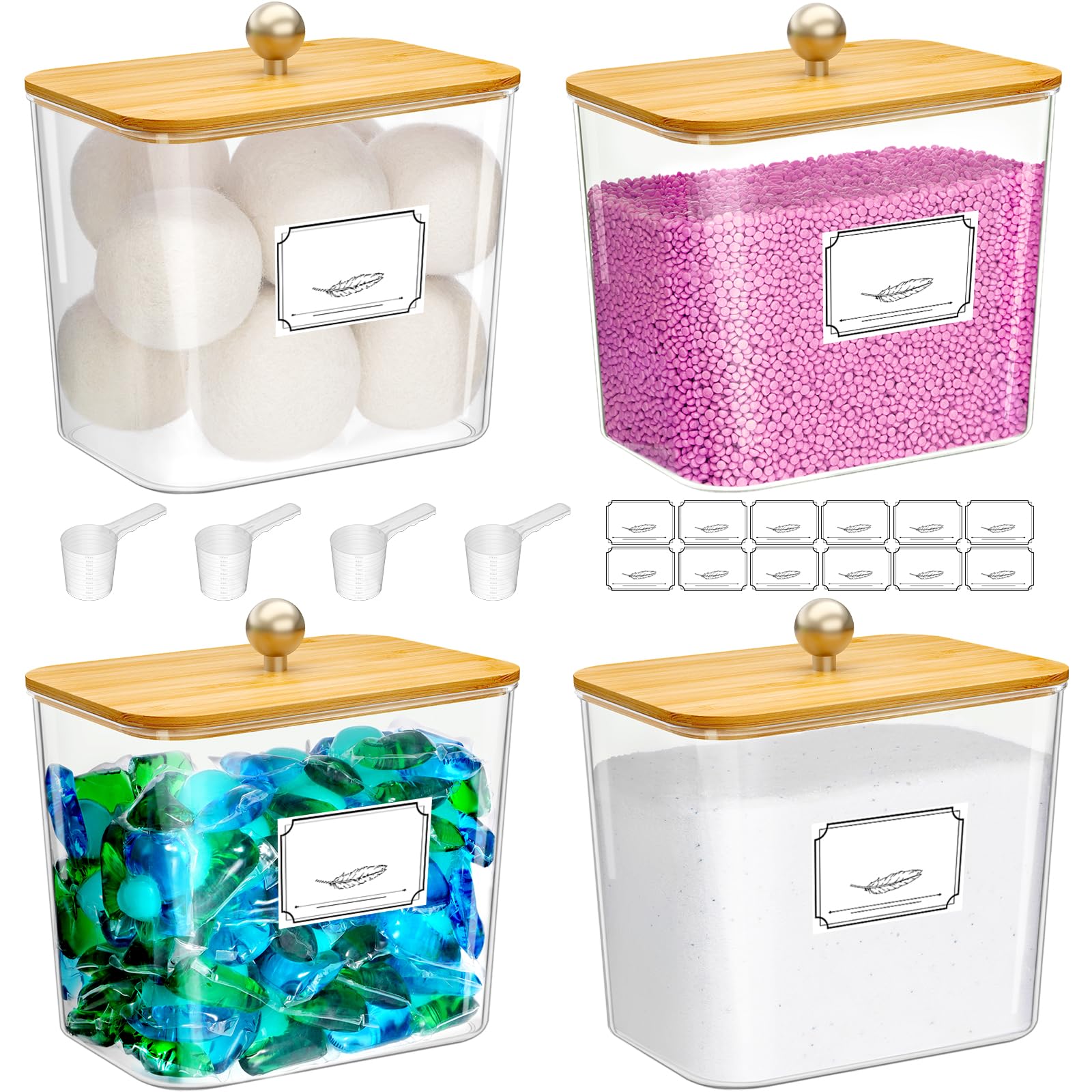 Lifewit 2700 ml Contenedor Detergente Polvo Con Tapa de Bambú, Lavanderia Organizador, Pastillas Lavadora Caja de Almacenamiento de Plástico, Contenedores para Baño, Tarros, Natural, Juego de 4
