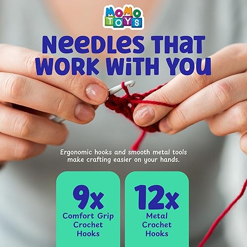 Miniatura 4 de MOMOTOYS Kit de ganchillo para principiantes para niños y adultos, juego de iniciación de 58 piezas con 15 madejas de hilo, ganchos de ganchillo, 15