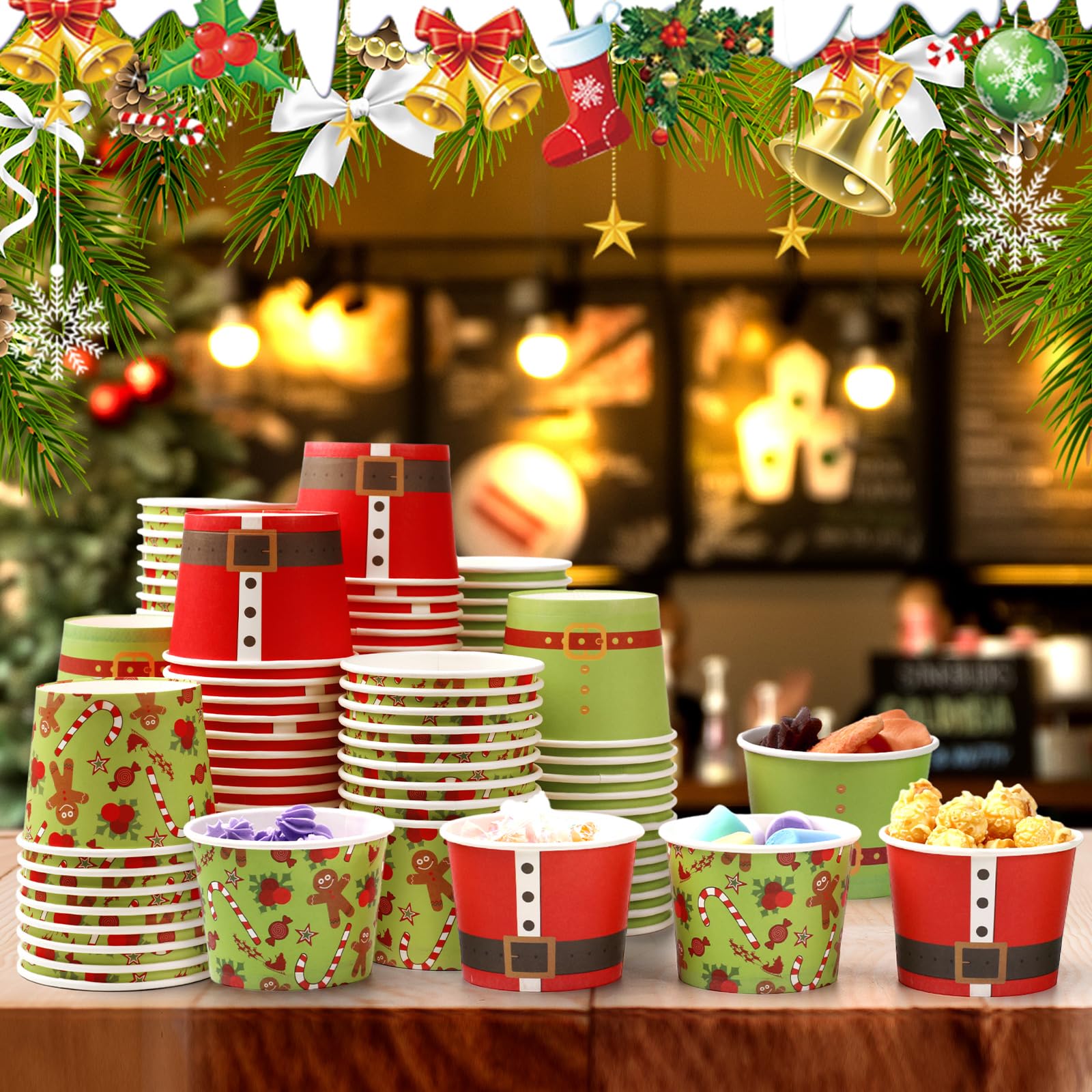 Nuenen 120 tazas de helado de Navidad de 5 onzas sin tapas, cuencos desechables de postre, cuencos de fiesta de helado, tazas de postre de yogur para Navidad, suministros de bar, helado, fiesta,