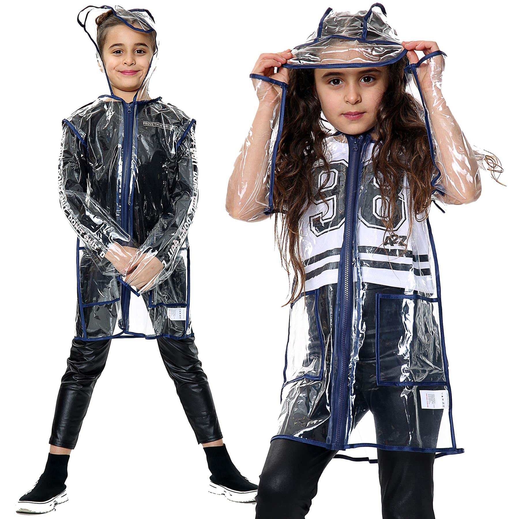 A2z 4 Kids Girls Navy Raincoat Eva Transparent Clear Rainwear Hooded Long Sleeves - Raincoat 450 11-12
