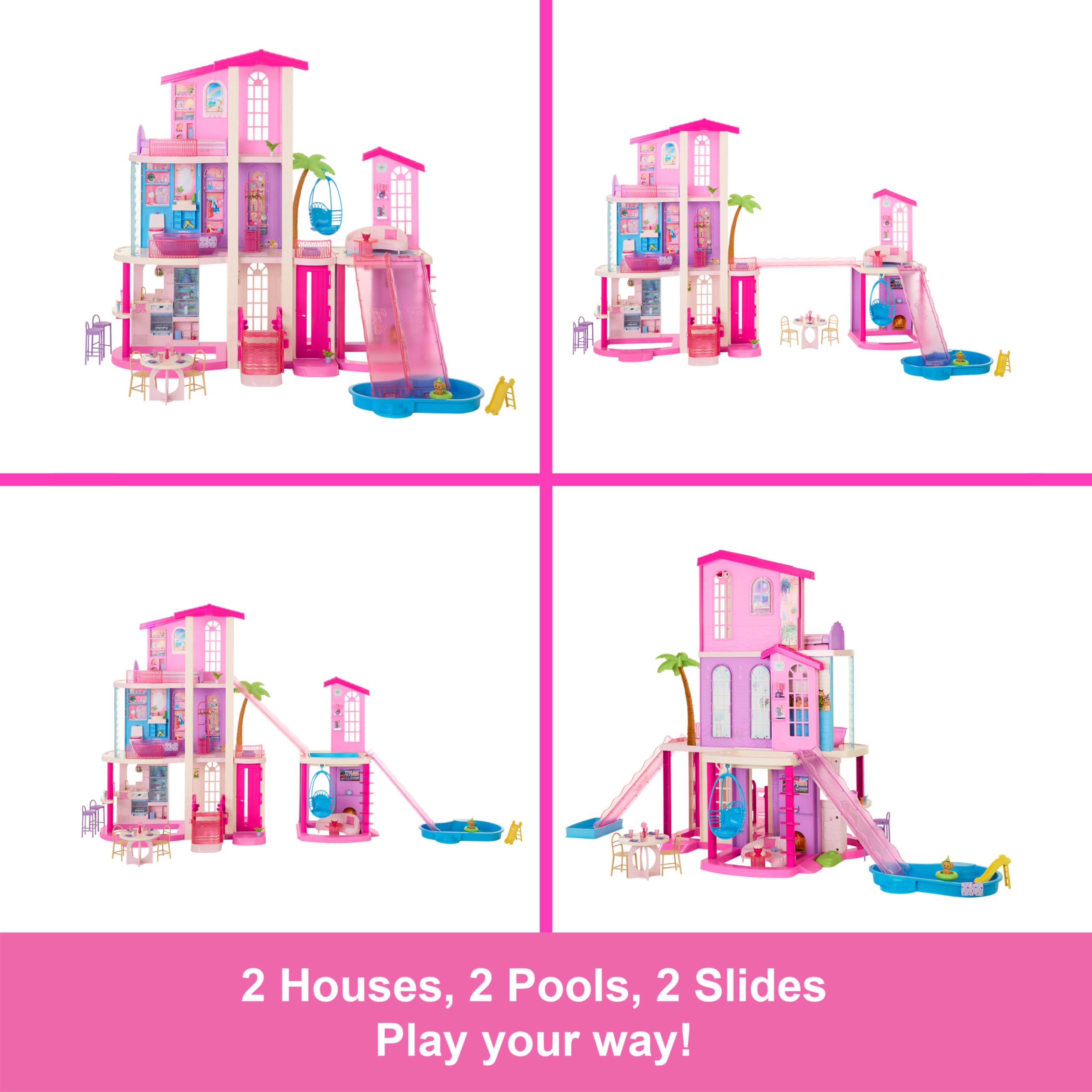 Barbie Dreamhouse Domek dla lalek | 2 baseny, 2 zjeżdżalnie, winda, 9 stref zabawy, 2 domy, 65+ elementów z meblami i akcesoriami, JKG84