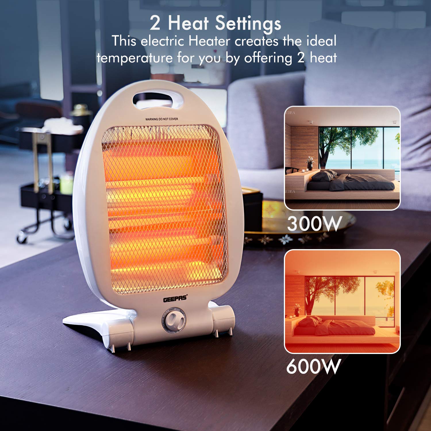 Geepas 800W Quartz Halogen Heater – Portable Upright Electric Heater with 2  Heat Settings 300W/600W, Safety Tip Over Switch, Ideal for Home Office  Caravans and Garages, White – 2 Years Warranty :