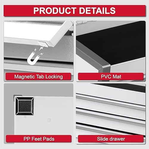 Miniatura 7 de P.I.T. - Minicaja de herramientas blanca, apilable, de acero, portátil, 3 cajones con bloqueo magnético, con forro, para almacenamiento de