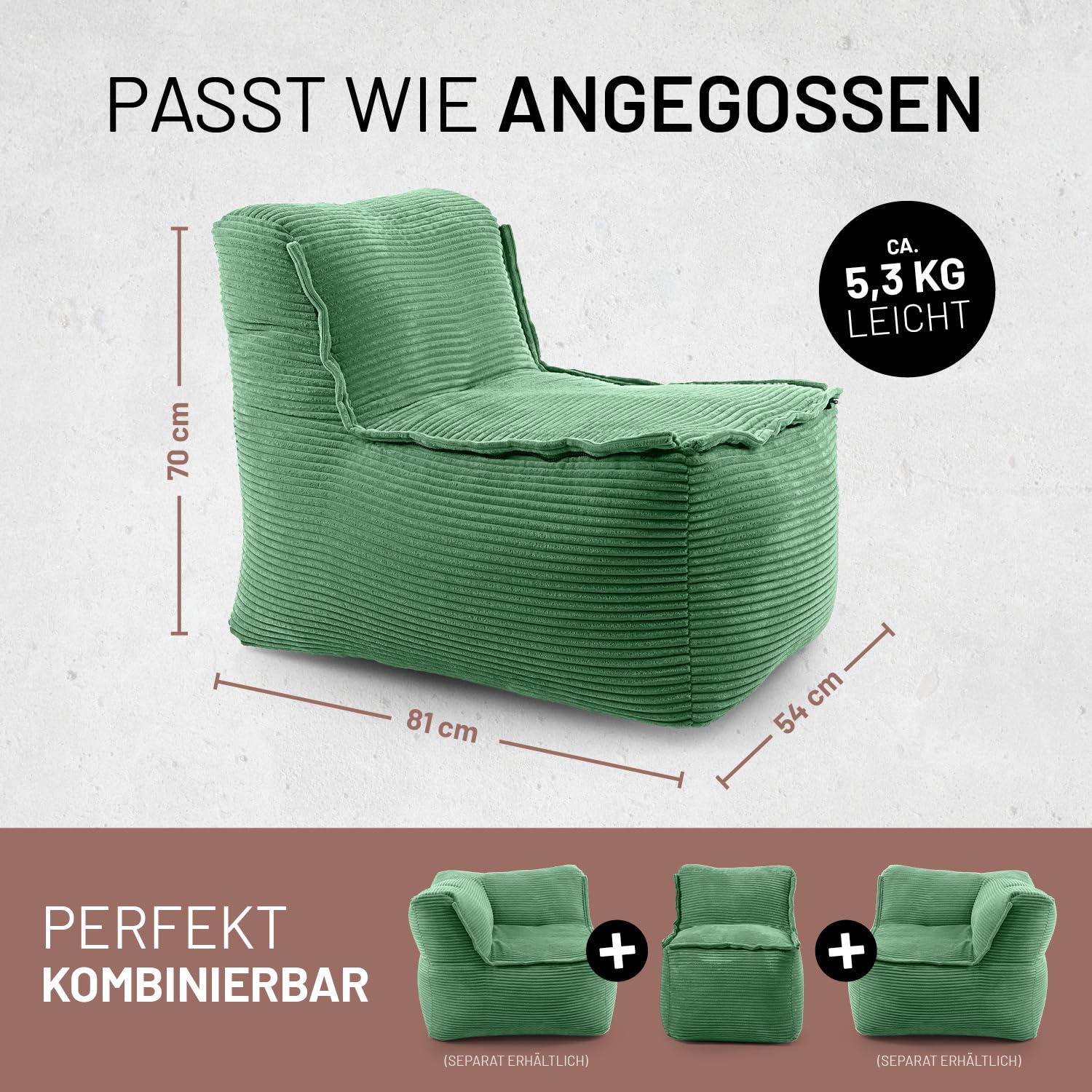 LUMALAND Modular Sitzsack Mitte Cord 200 L für Modulares Sofa | ideales Match mit Sessel & Pouf | EPS Perlen Bean Bag mit Füllung | Indoor Lounge Sitzkissen waschbar für Wohnzimmer, Schlafzimmer & Co.
