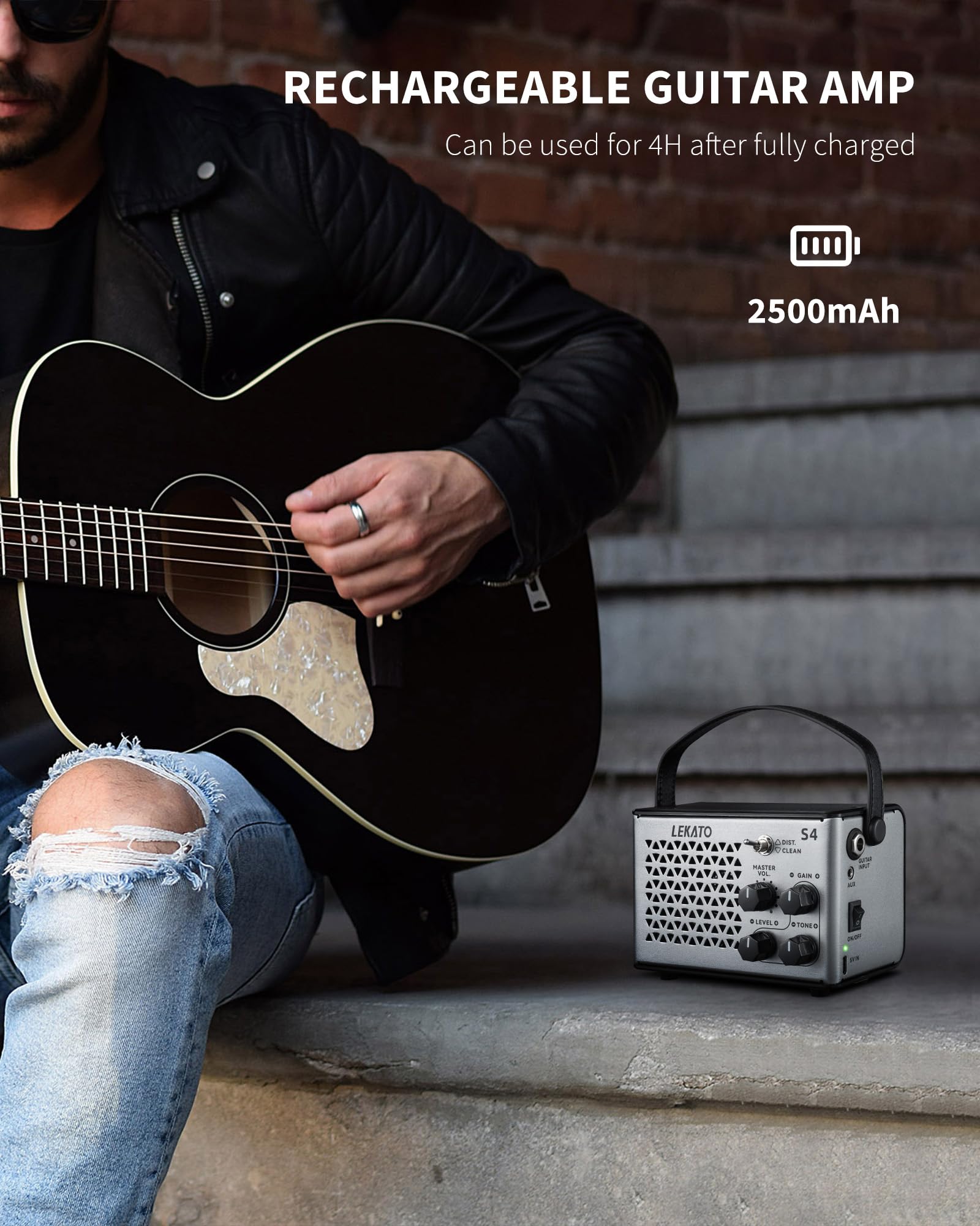 LEKATO Mini Gitarrenverstärker, Tragbarer Gitarrenverstärker 10W, Wiederaufladbarer Verstärker mit Bluetooth, Clean & Distortion-Effekten,für Üben zu Hause, Reisen (DE)