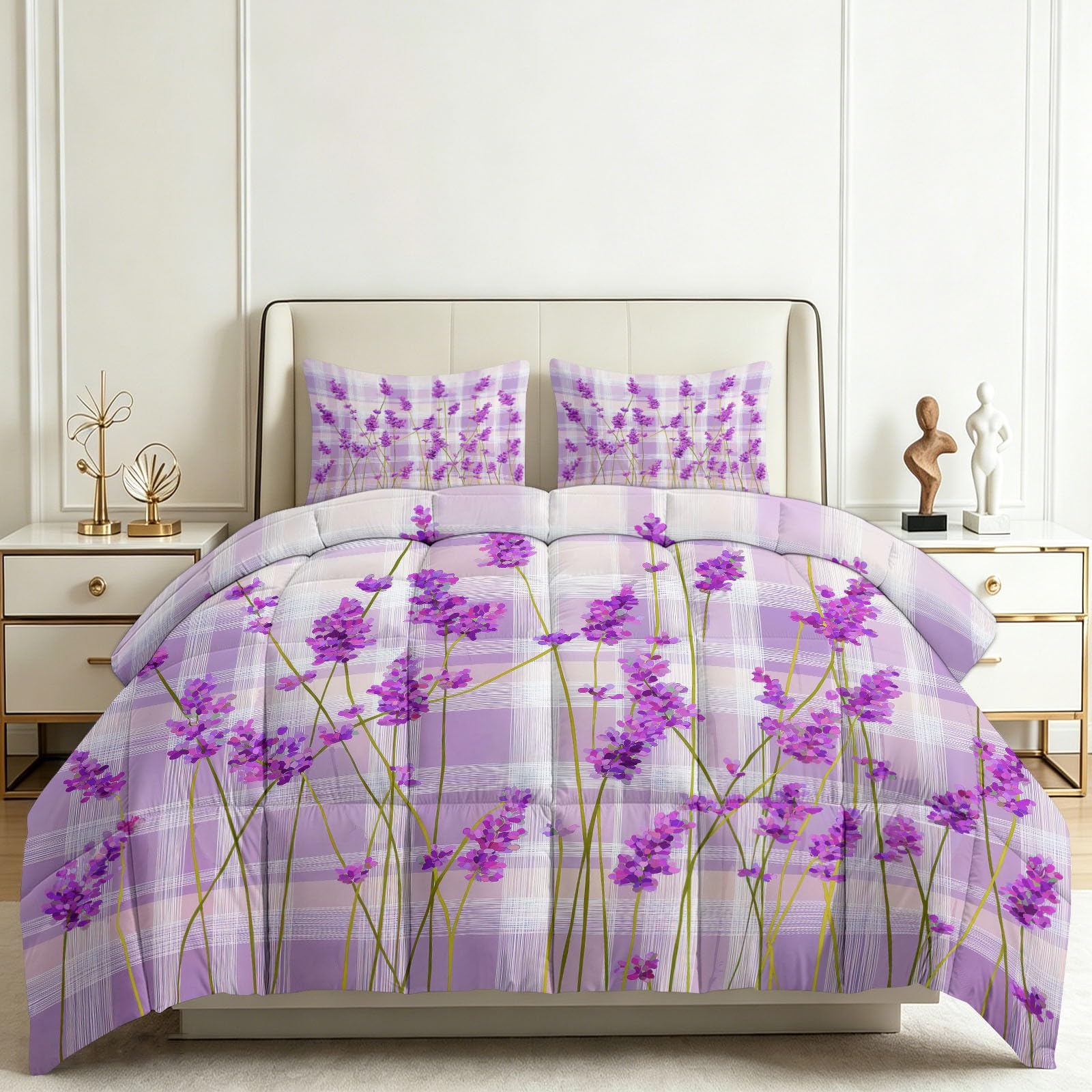 Genérico Edredón Invierno 150x200cm Lavanda Morada Edredón Nórdico Acolchado Suave Cálido y Transpirable con 2 Fundas Almohada 50x70cm, Lavable, 4 Estaciones