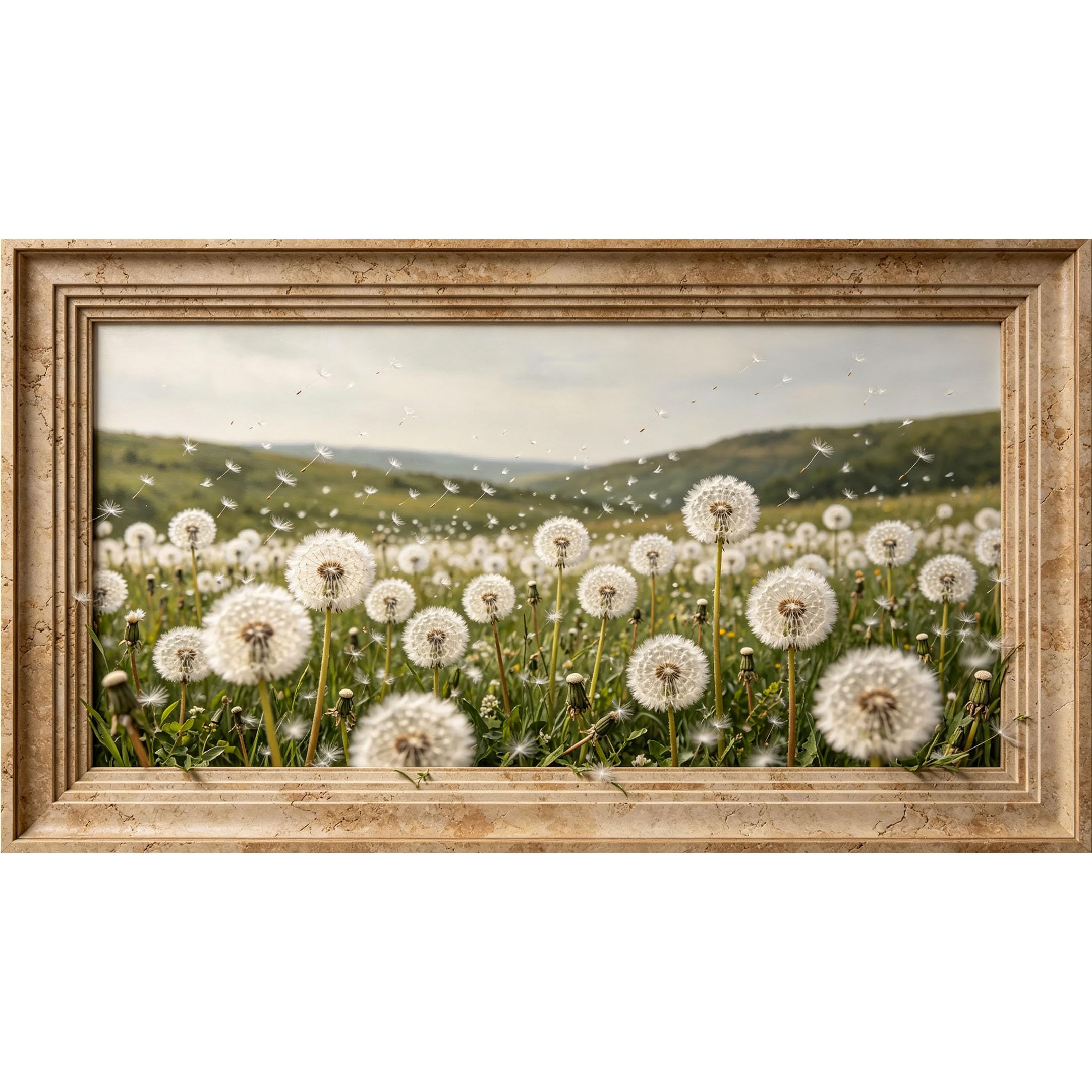 QZLITHOTIC 50×90cm3D Framed Wall Art， Dandelion Meadow Landscape Self?Adhesive Mural， Water?Activated Peel & Stick Fabric Decor Wall Decal for Bedroom Living Room