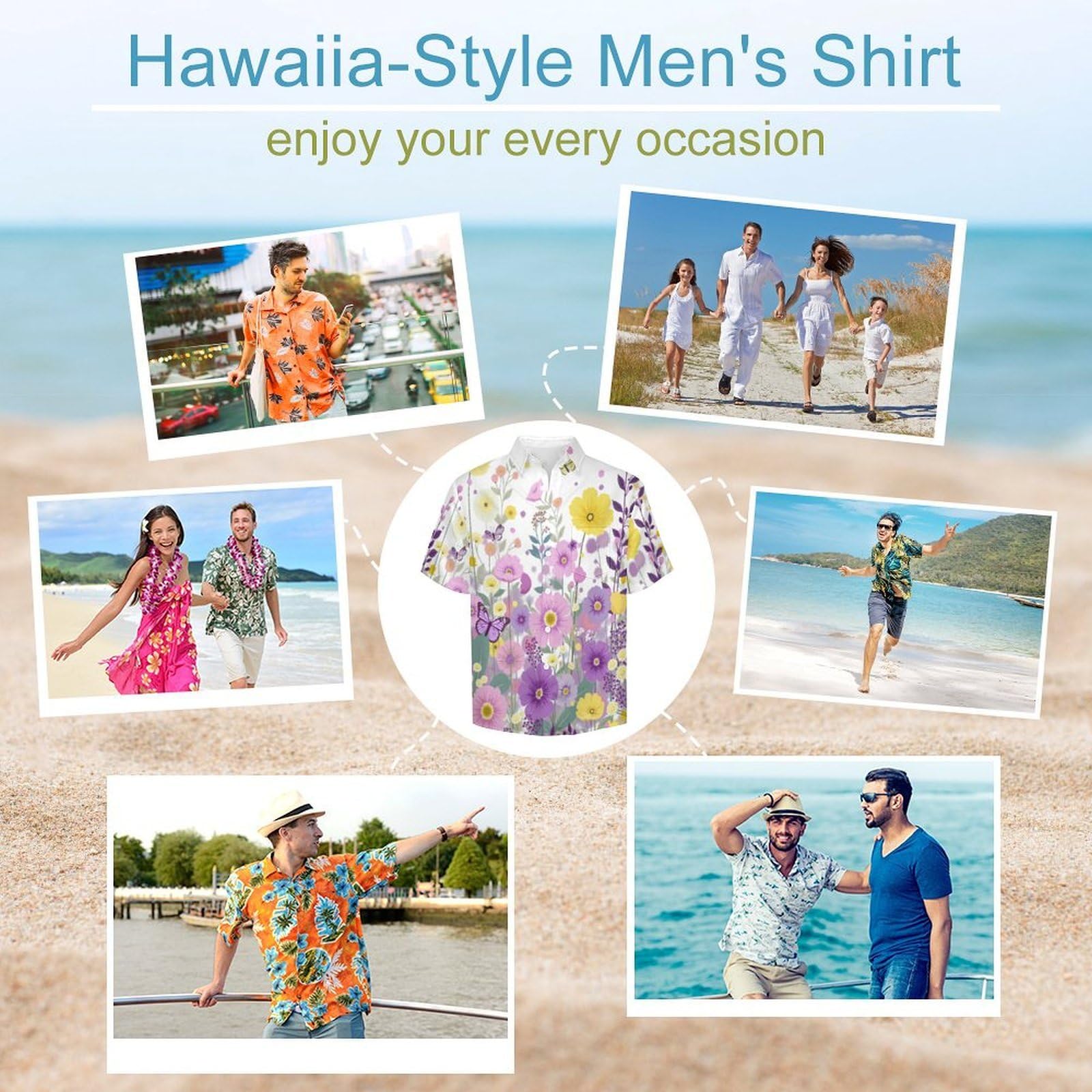 Camicie da Uomo a Maniche Corte con Stampa della Fiori Selvatici in Fiore Fiori Primaverili, Casual Leggere Bottoni Camicia con Tasca Frontale, per Vacanze Spiaggia Estate
