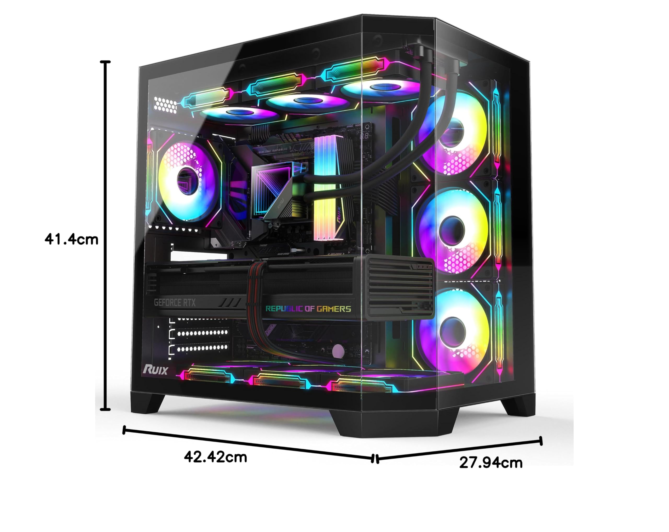 RUIX OV303 ATX Mid-Tower PC Case, wstępnie zainstalowane wentylatory pryzmatyczne ARGB PWM 4 x 120 mm, porty USB 3.0 i typu C, obudowa komputera o wysokim przepływie powietrza (czarna)