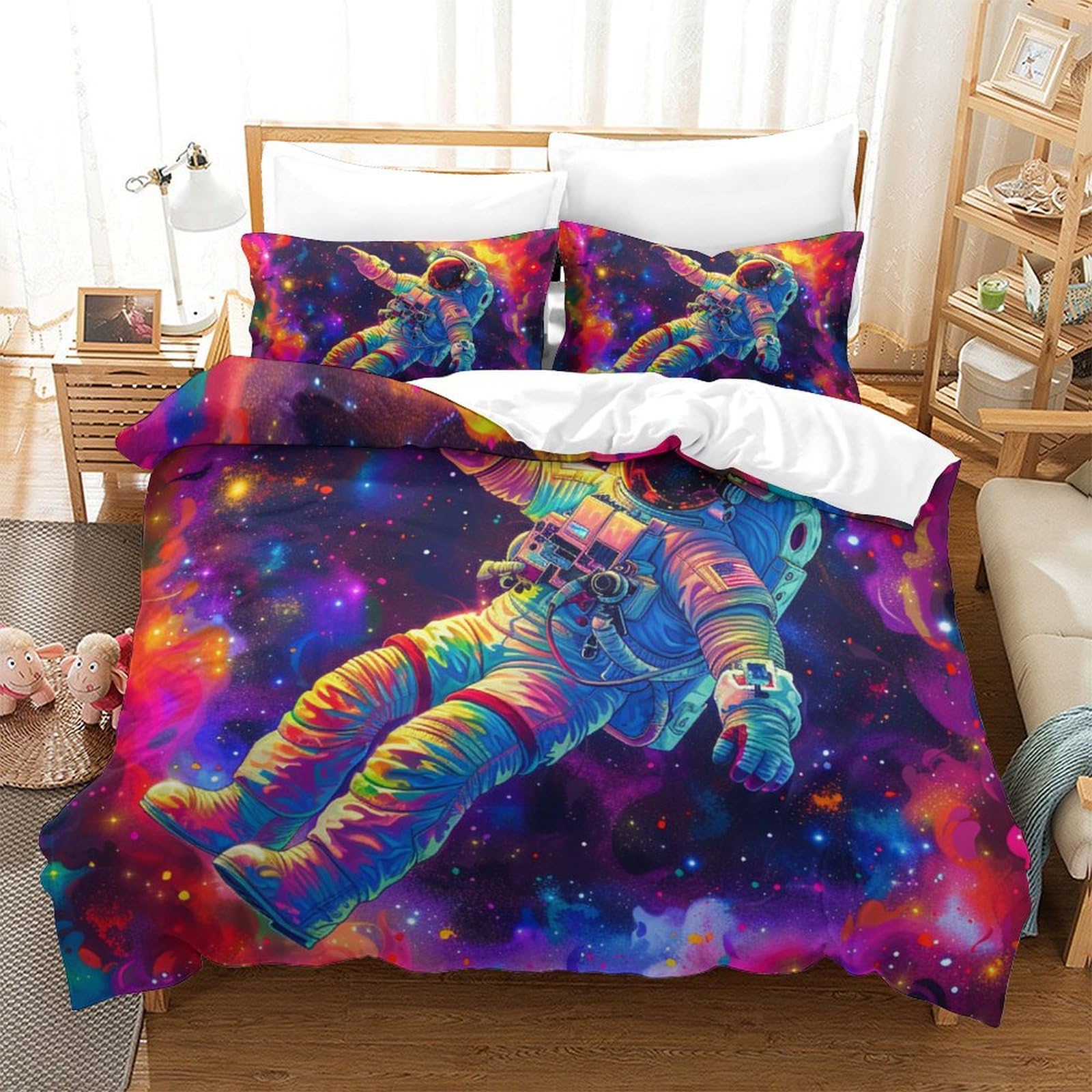 Housse de couette astronaute 3D grand lit infroissable avec zip