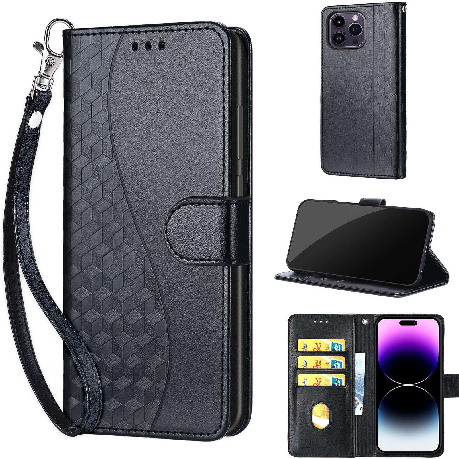 KENHONER Designed for iPhone 14 Pro Max Case Wallet,Women Flip Folio Cover with Embossed PU Leather Stand Credit Card Holders Slots Wrist Strap Phone